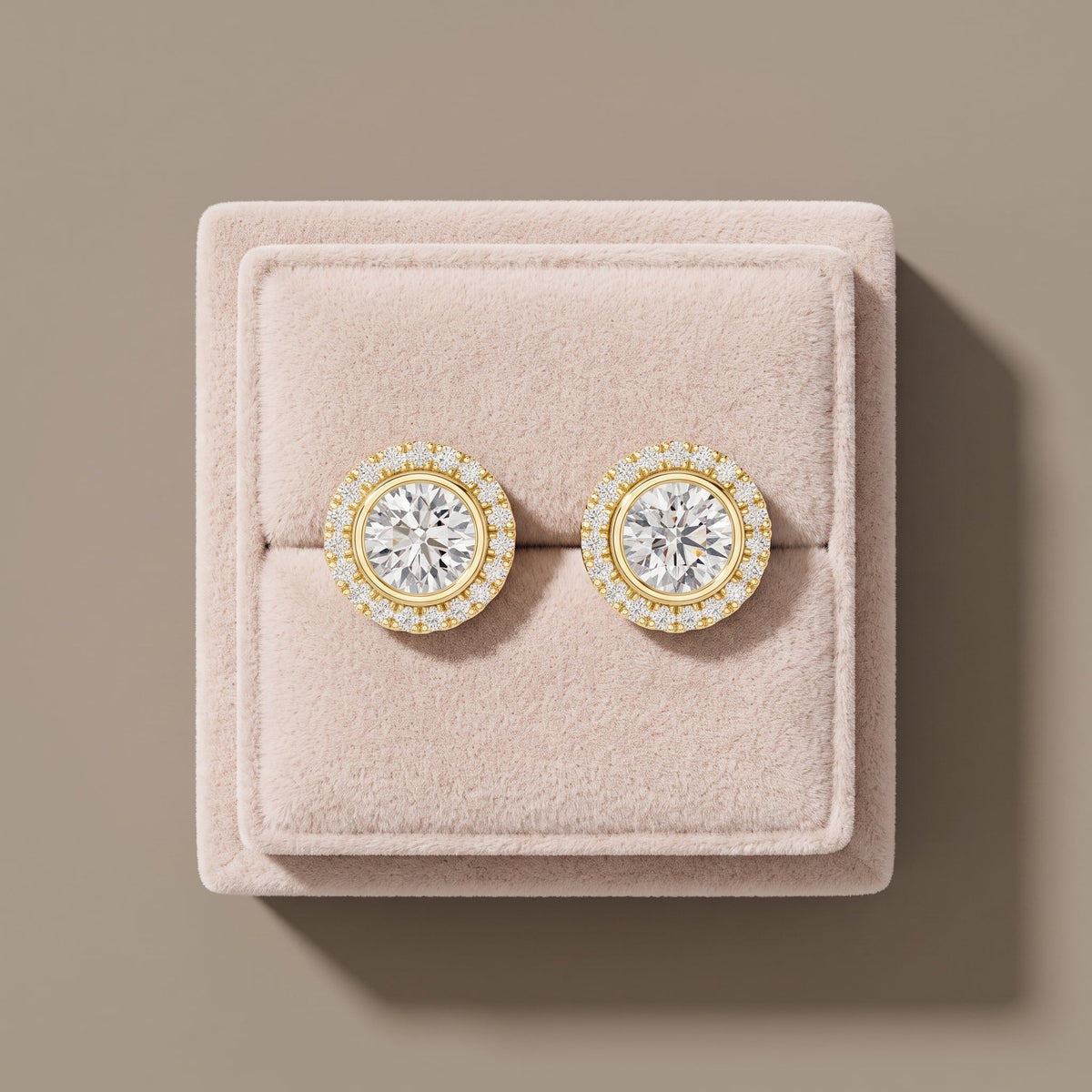 Yellow Gold Round Moissanite Halo Stud Earrings