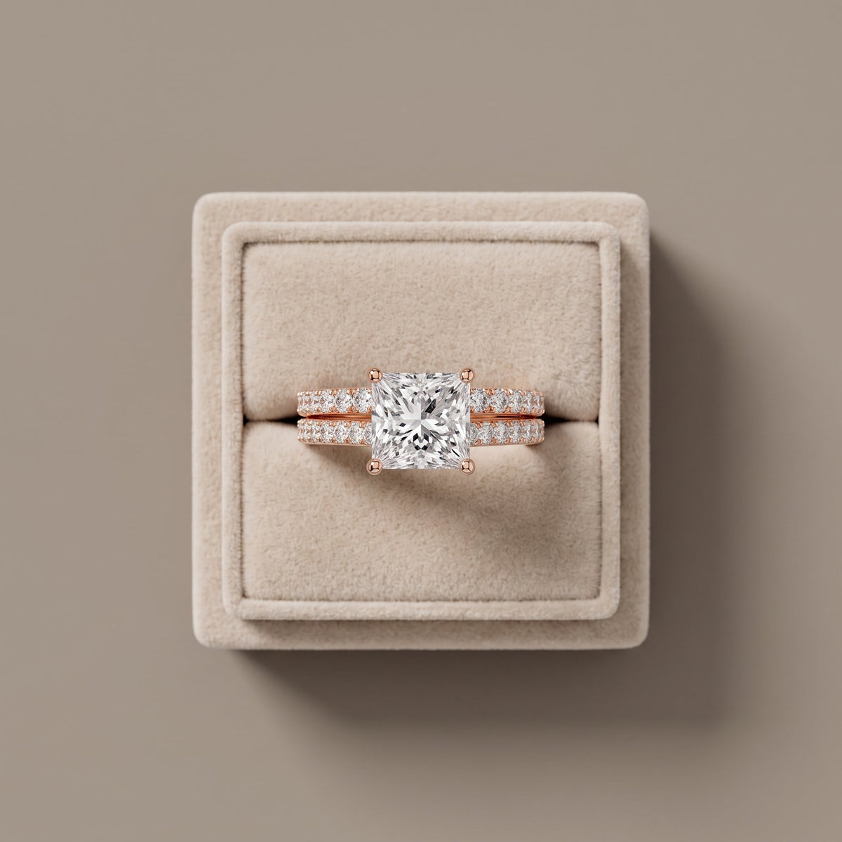 Rose Gold Princess Cut Moissanite Bridal Ring Set