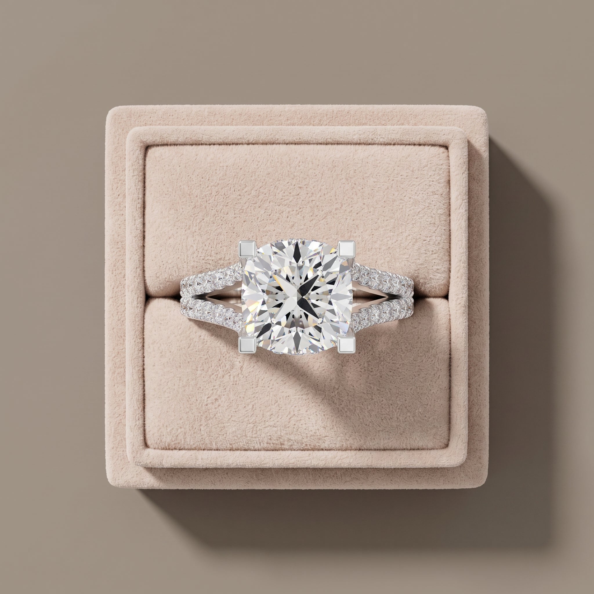 White Gold Cushion Cut Moissanite Split Shank Engagement Ring