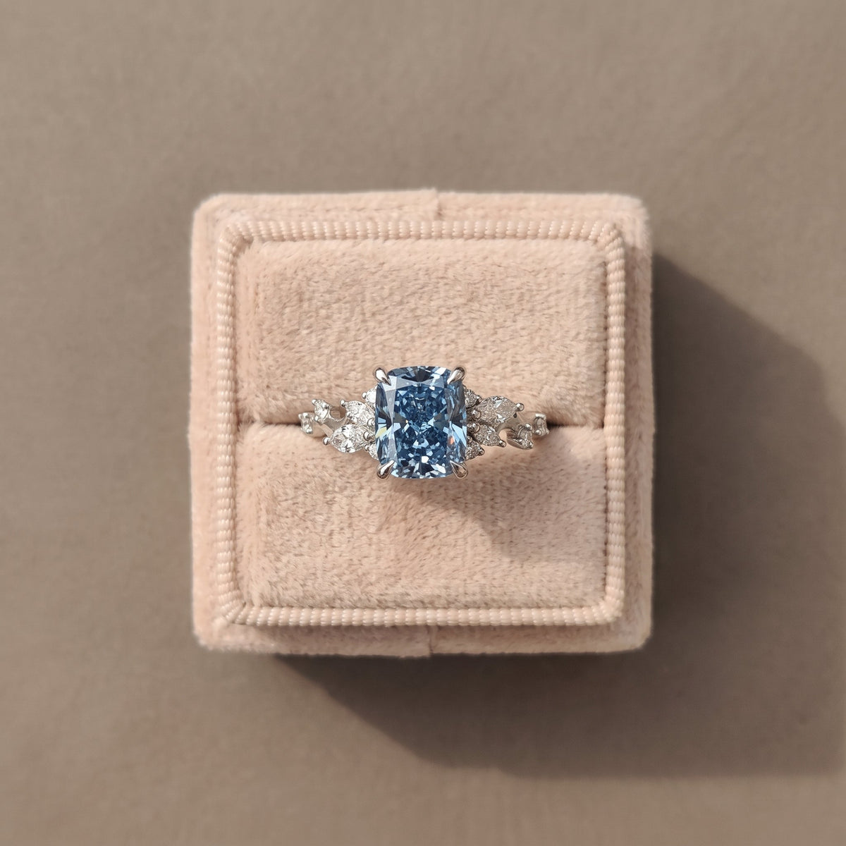 White Gold Cushion Cut Blue Moissanite Engagement Ring