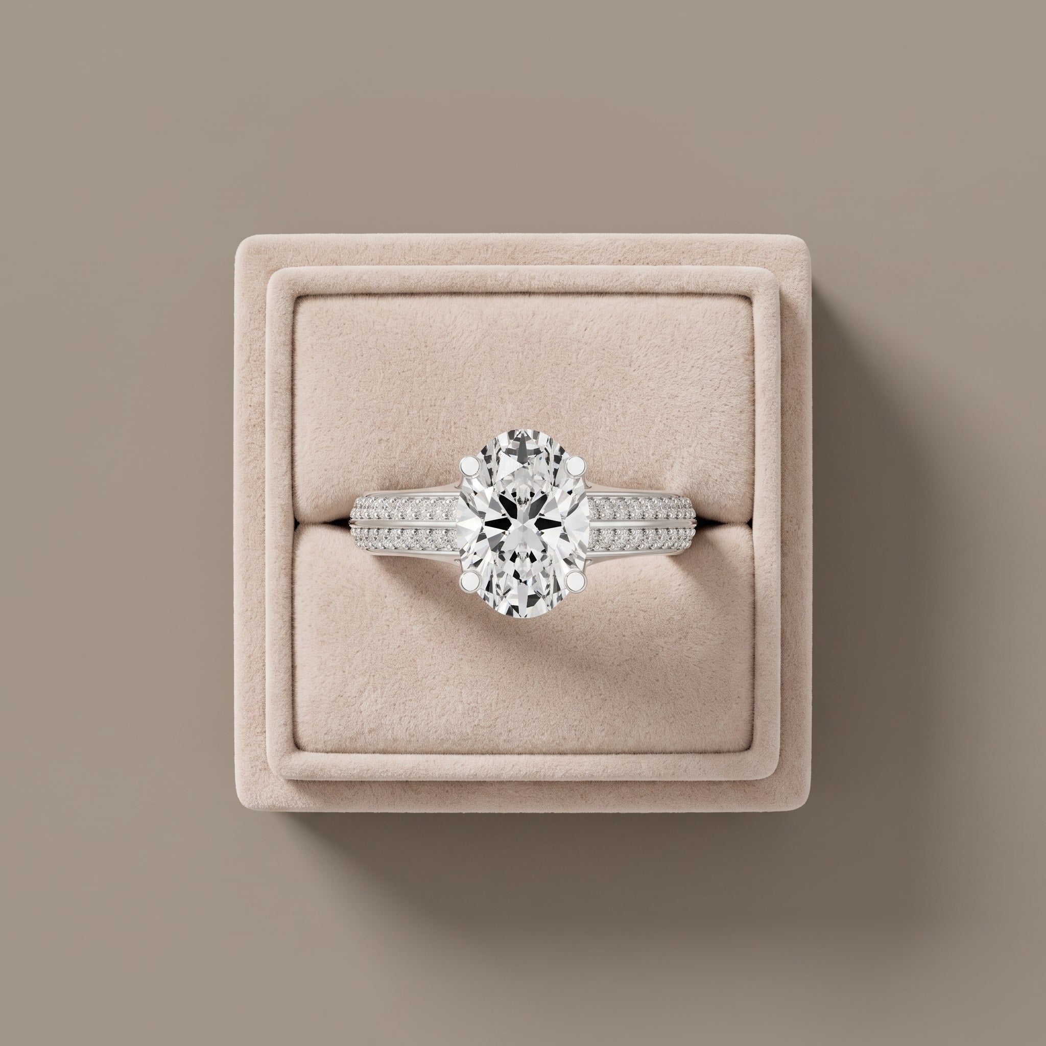 White Gold Oval Cut Moissanite Engagement Ring with Pavé Band