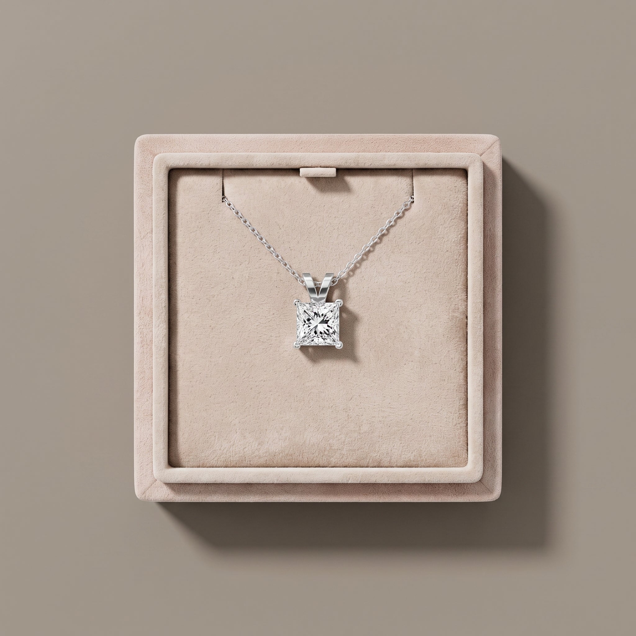 White Metal Princess Cut Moissanite Pendant Necklace
