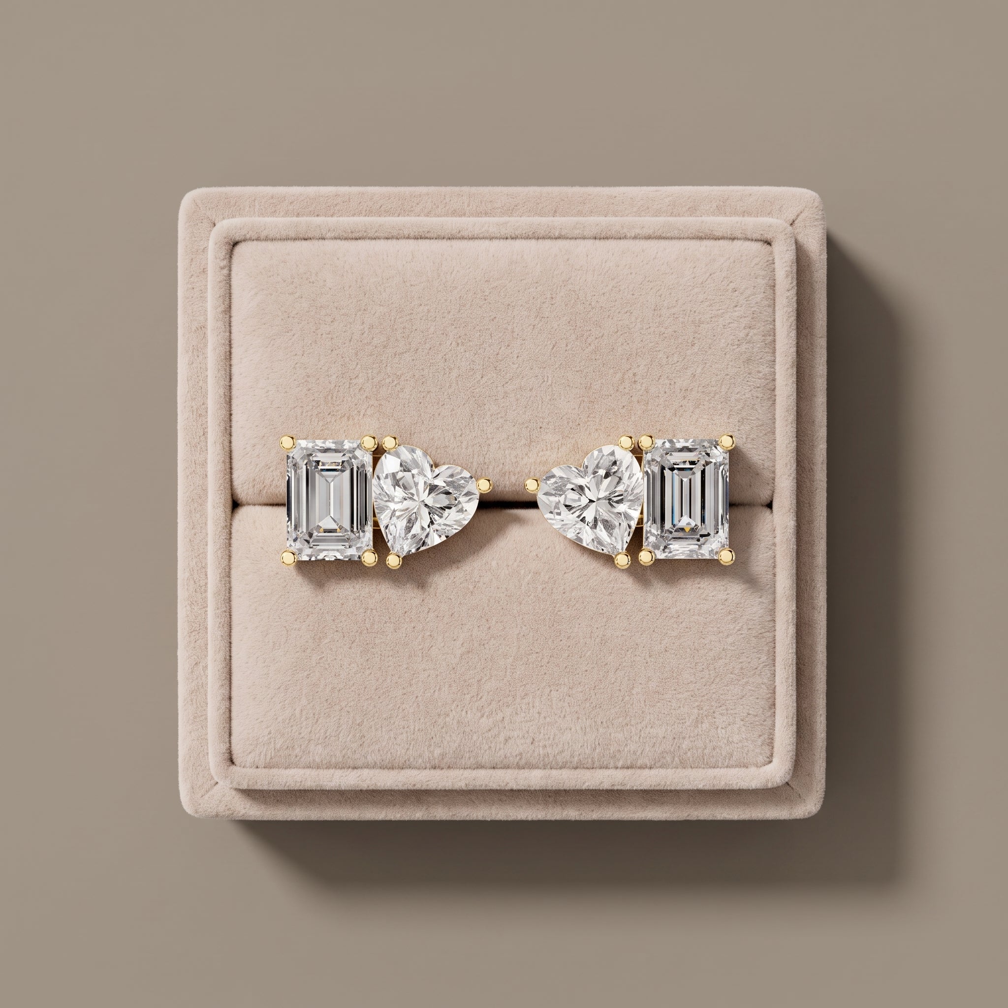 Yellow Gold Emerald Cut & Heart Moissanite Stud Earrings