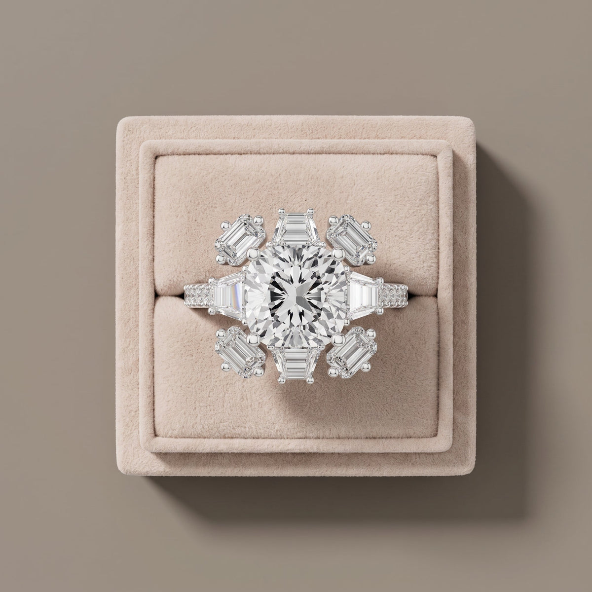 White Gold Cushion Moissanite Floral Halo Engagement Ring