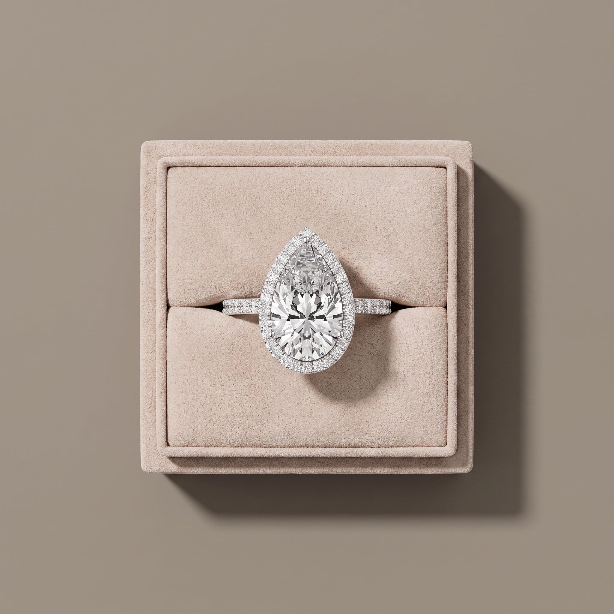White Gold Tone Pear Moissanite Halo Engagement Ring
