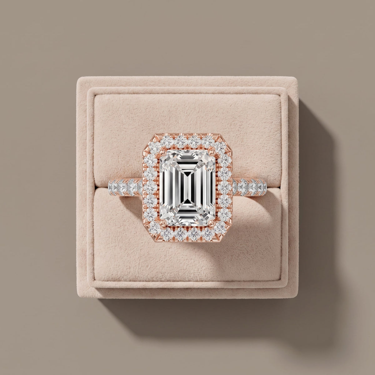 Rose Gold Emerald Cut Moissanite Halo Engagement Ring