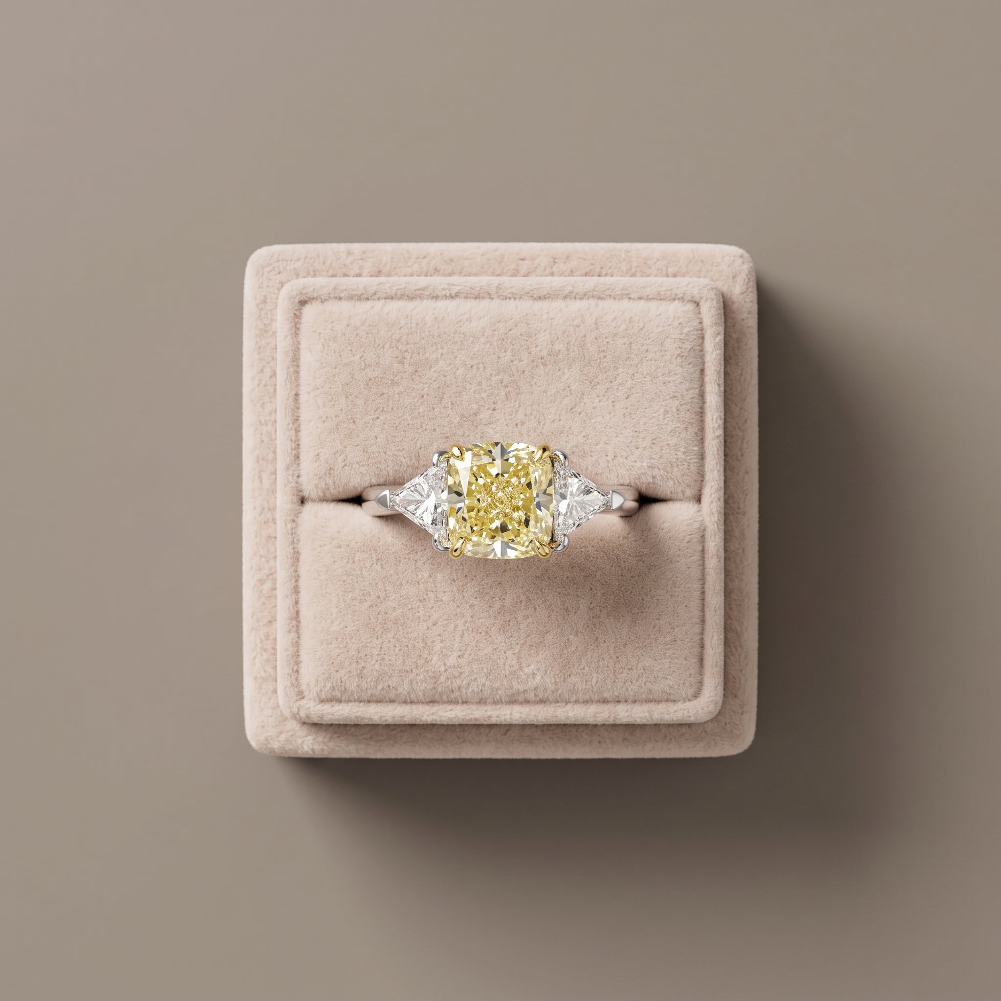 White Gold Cushion Cut Yellow Moissanite Three Stone Ring
