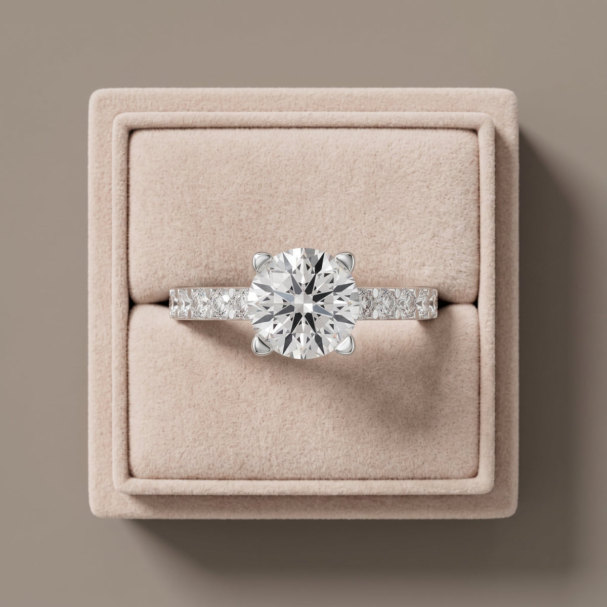 White Round Moissanite Engagement Ring with Accent Band
