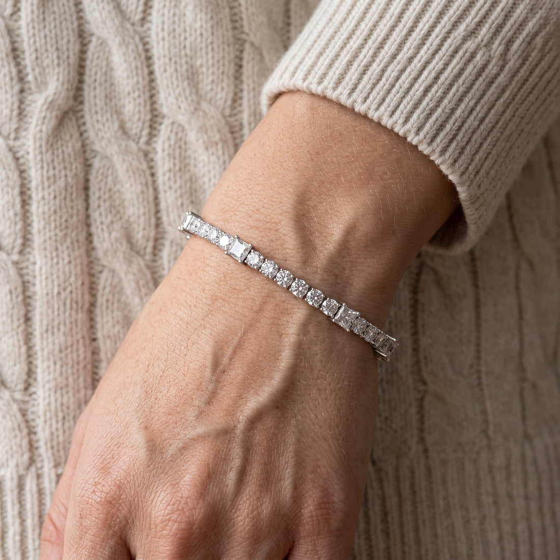 White Metal Round & Princess Cut Tennis Bracelet