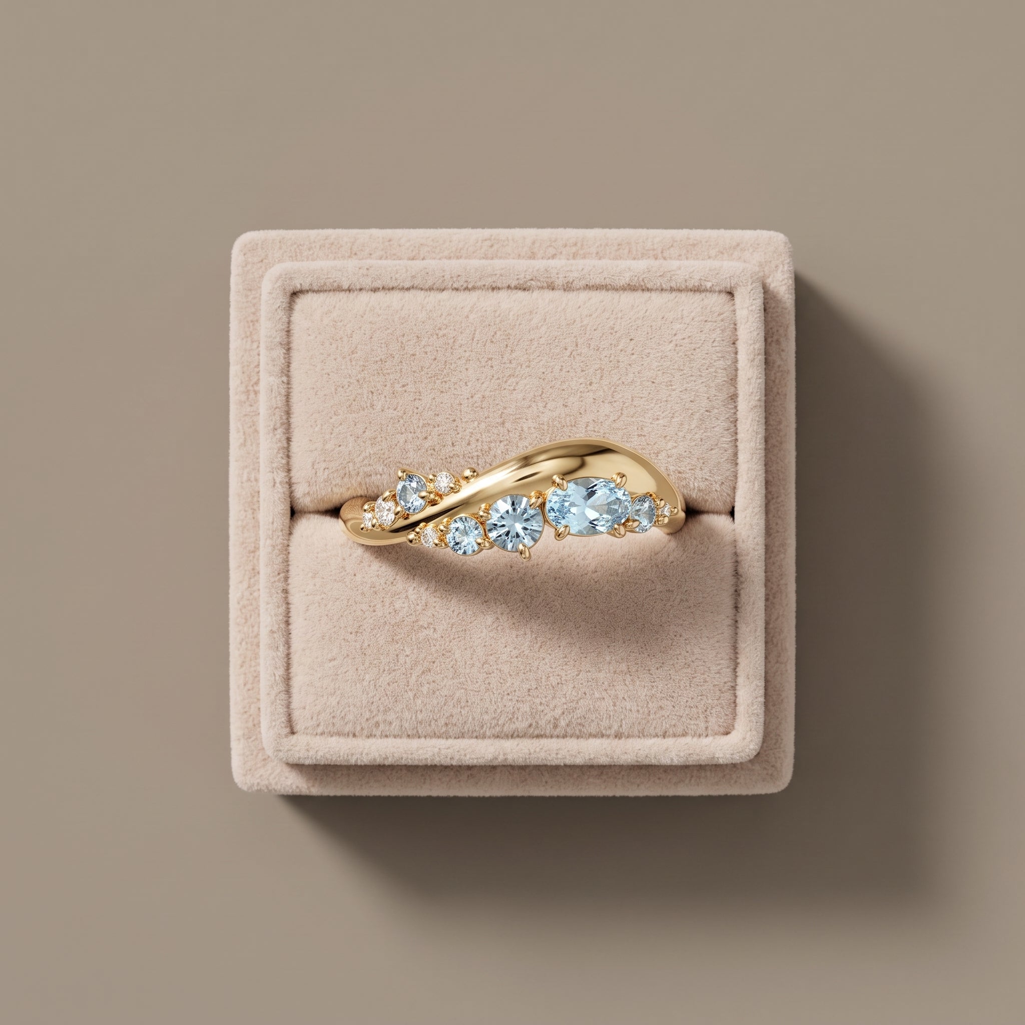 Yellow Gold Oval & Round Moissanite Curved Band Ring