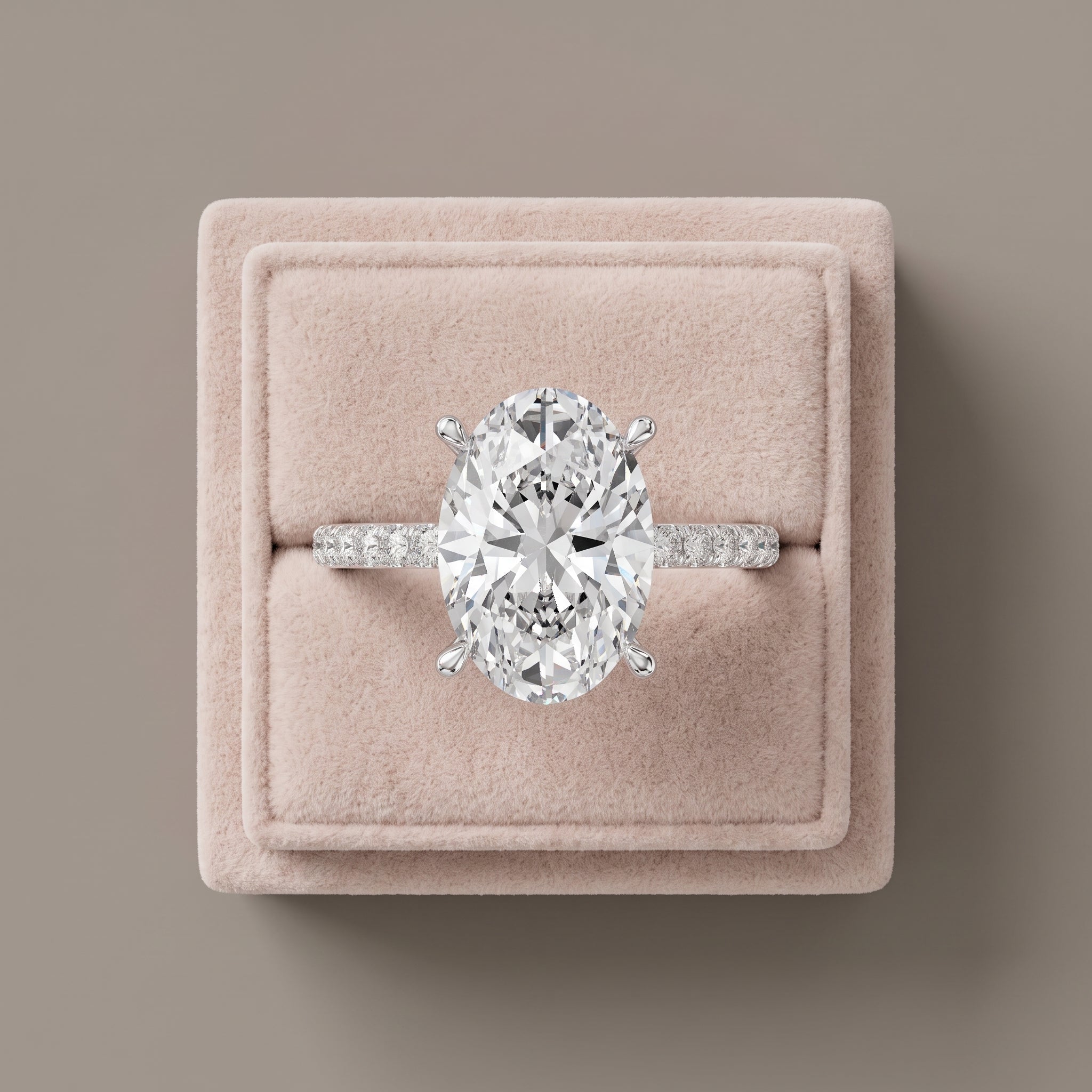 White Gold Oval Cut Moissanite Engagement Ring with Pavé Band