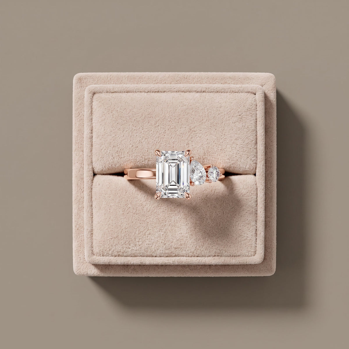 Rose Gold Emerald Cut Moissanite Three Stone Engagement Ring