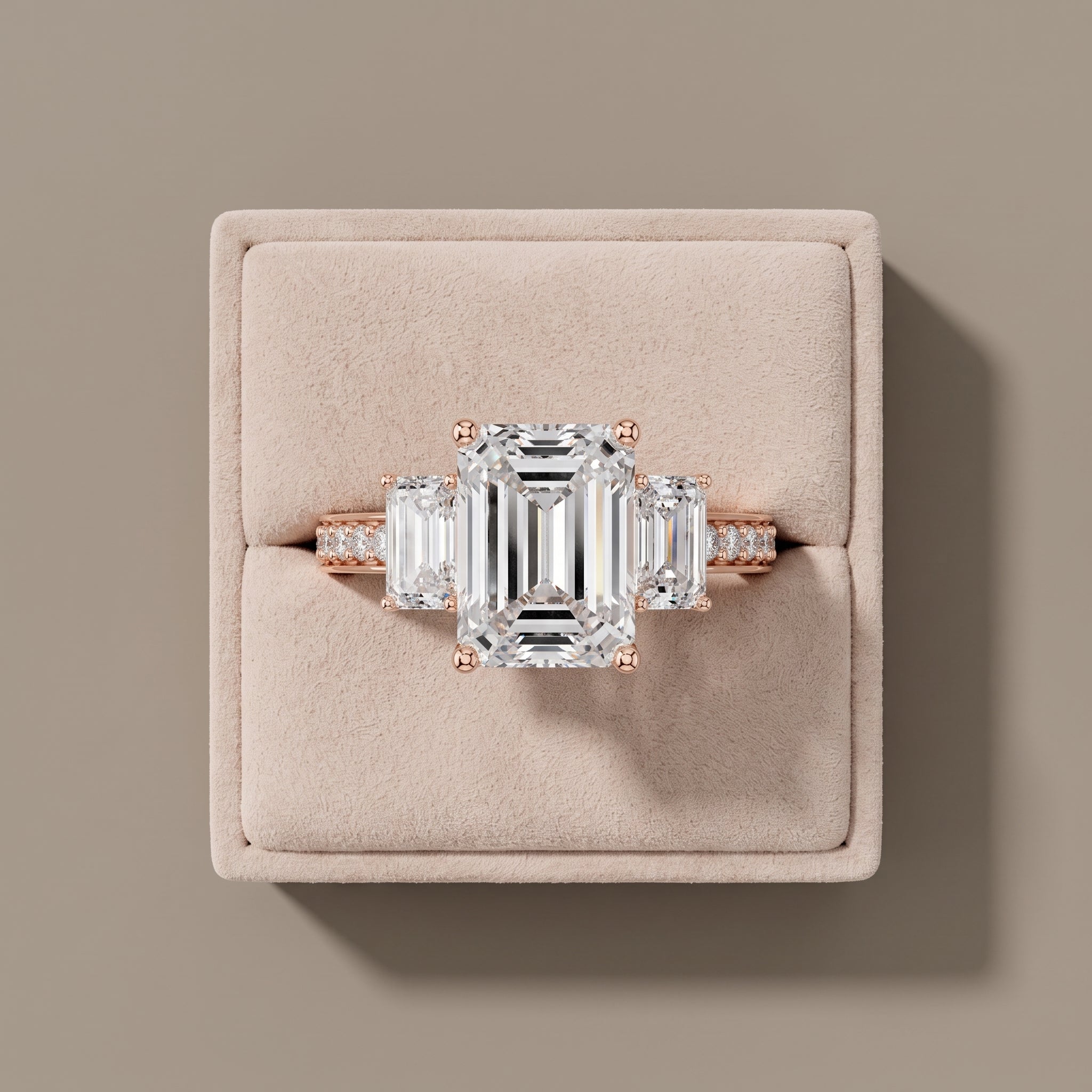Rose Gold Emerald Cut Moissanite Three Stone Engagement Ring