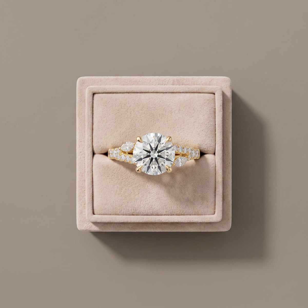 Yellow Gold Round Moissanite Engagement Ring with Leaf Accents