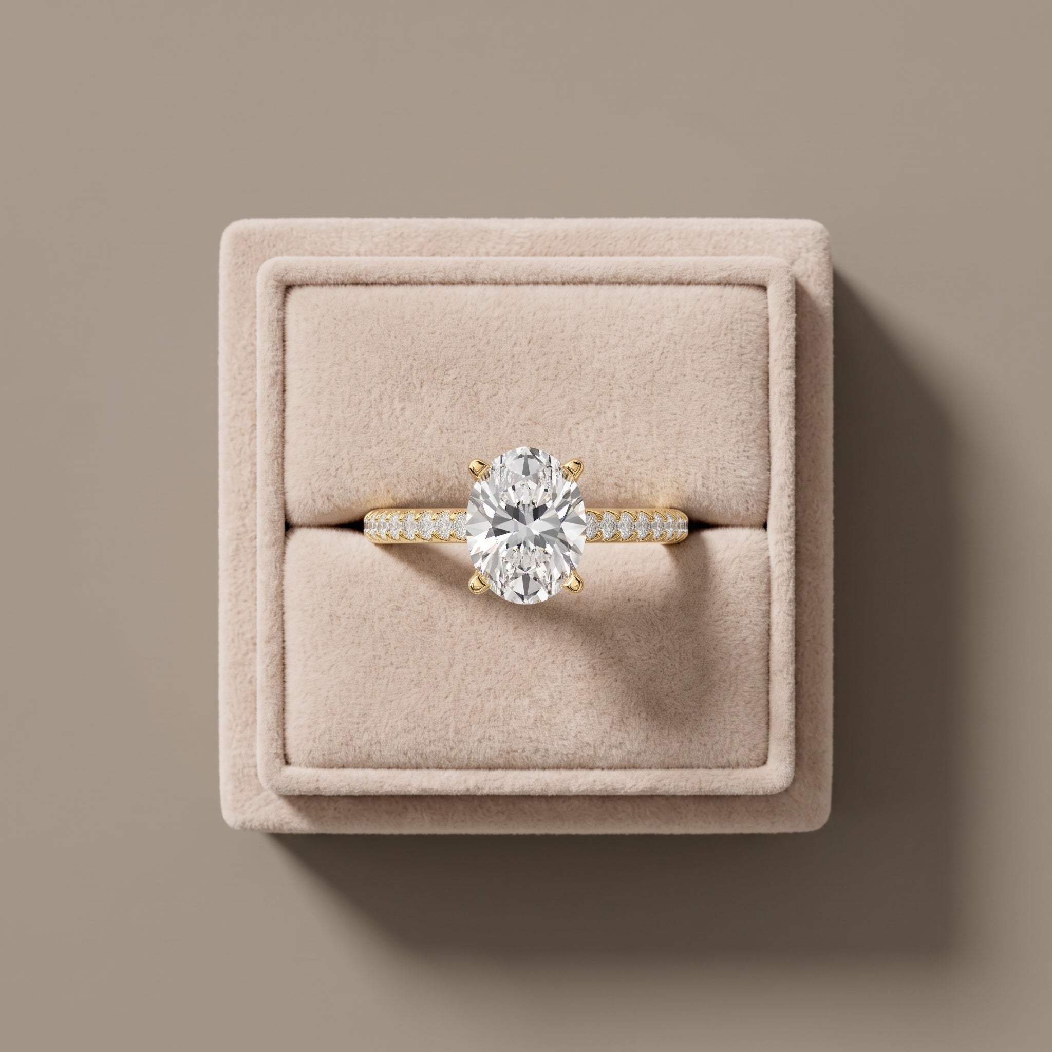 Yellow Gold Oval Cut Moissanite Engagement Ring with Pavé Band