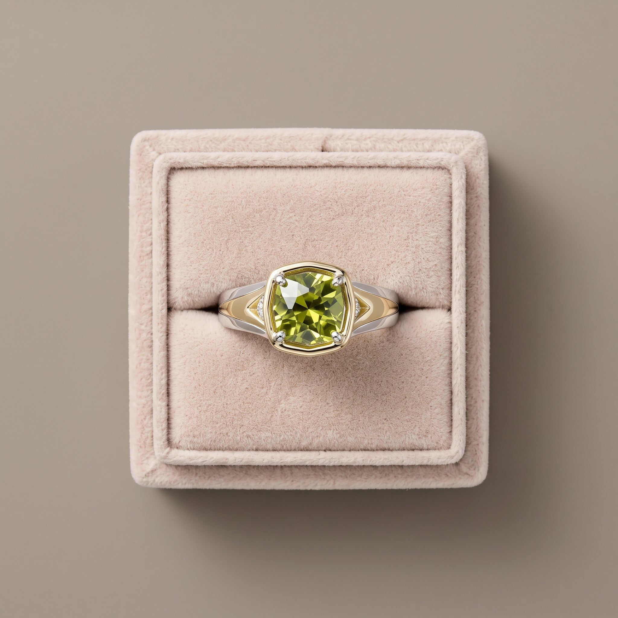 Two-Tone Cushion Cut Green Moissanite Engagement Ring