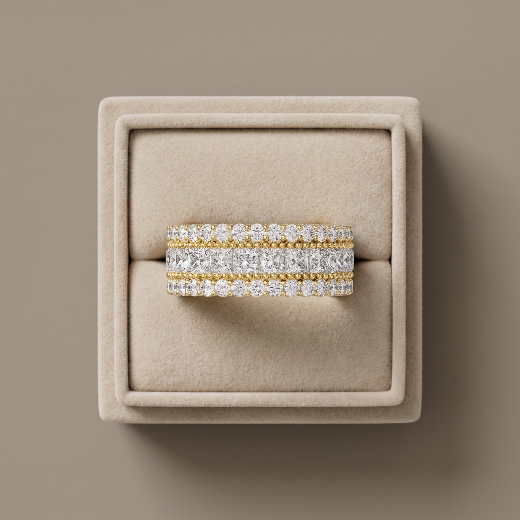 Yellow Gold Princess & Round Cut Moissanite Eternity Band