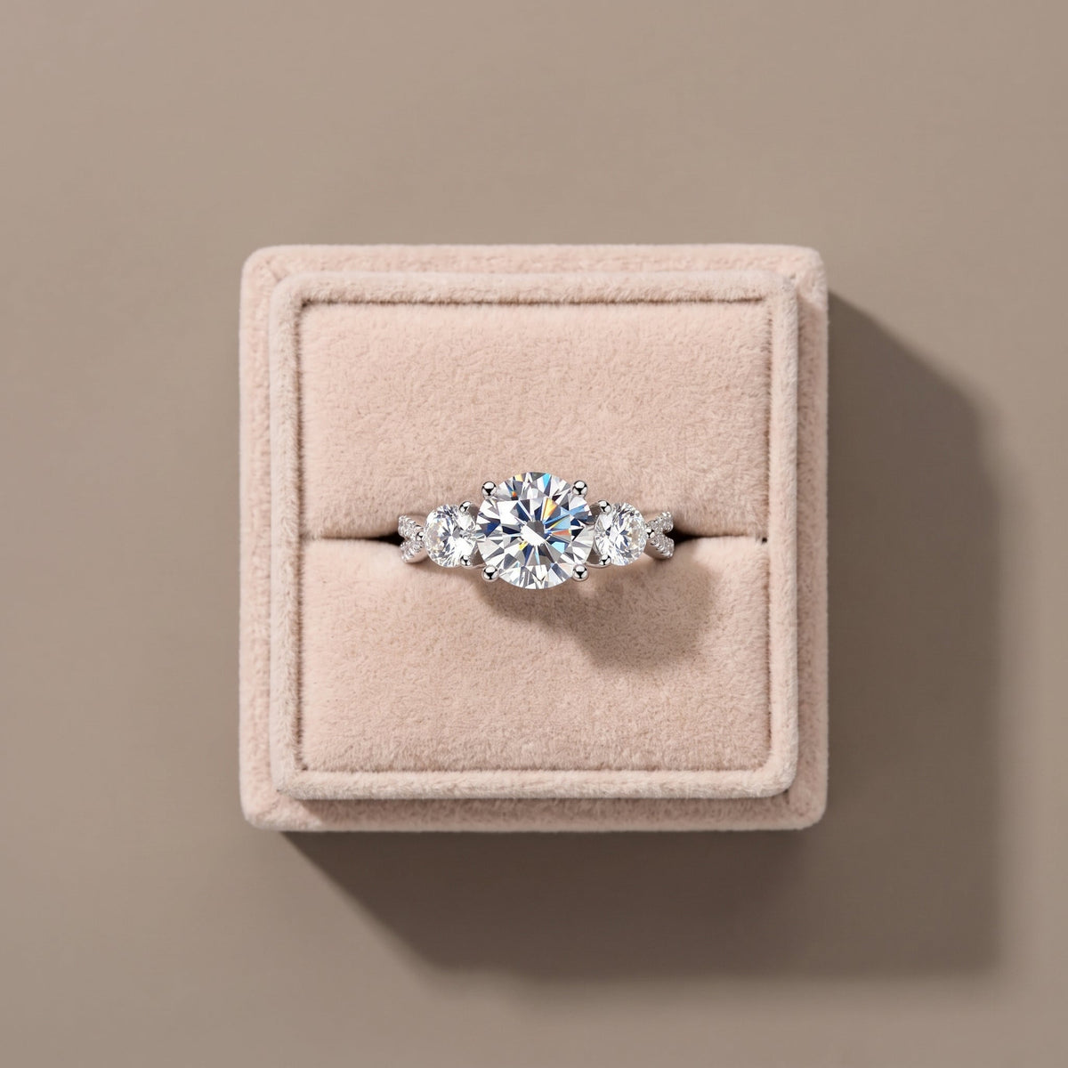 White Metal Round Moissanite Three-Stone Engagement Ring