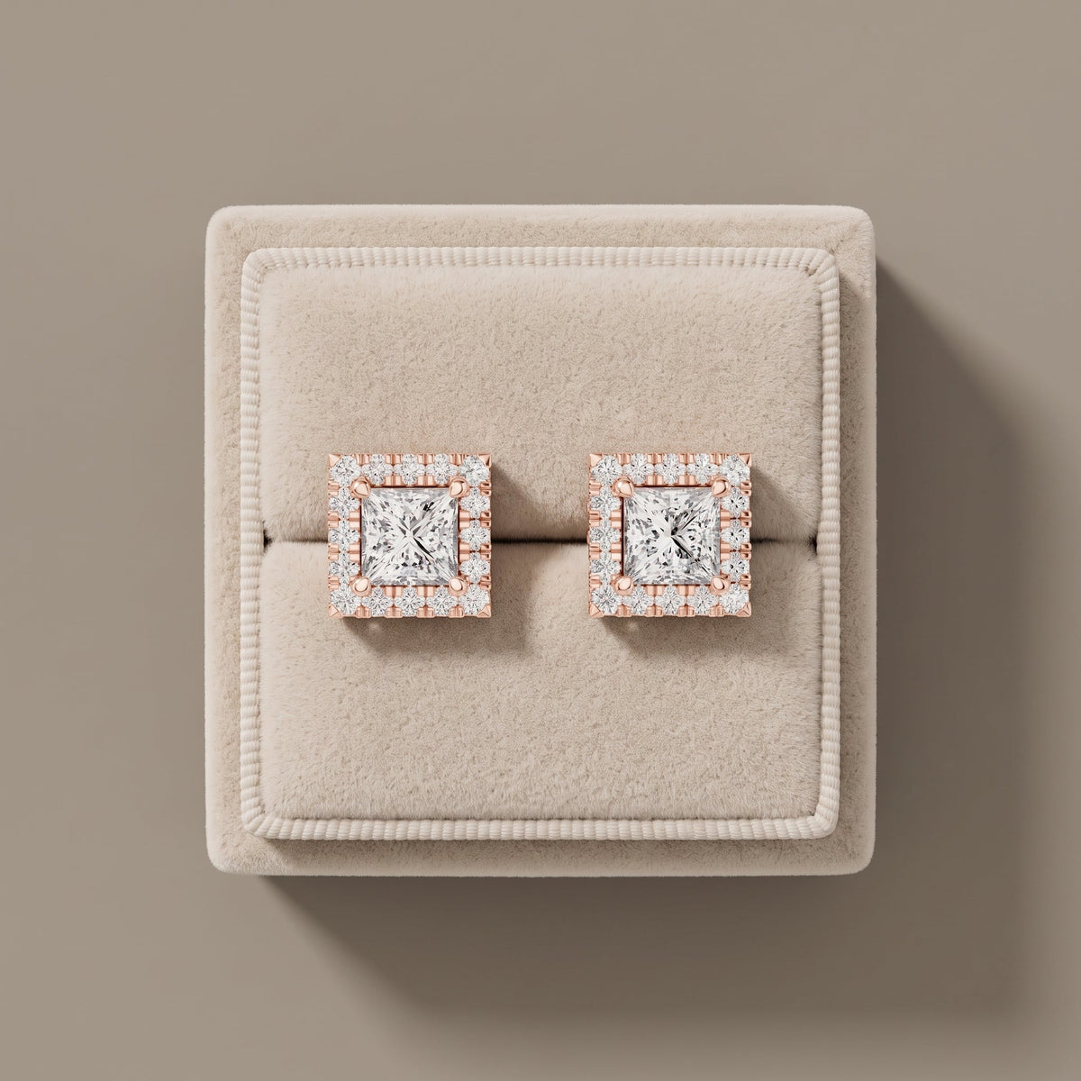 Rose Gold Princess Cut Moissanite Stud Earrings with Halo
