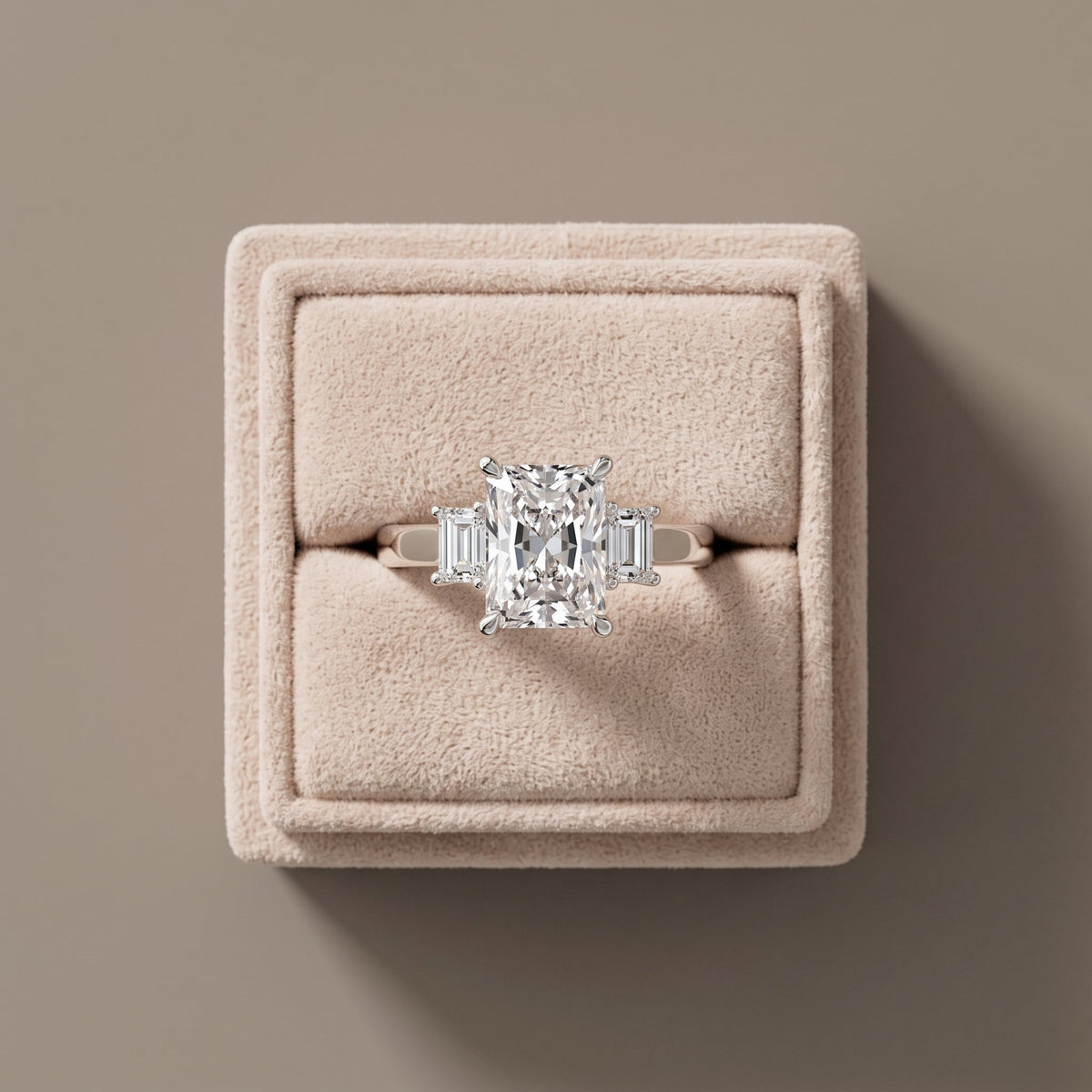 White Metal Radiant Cut Moissanite Three Stone Engagement Ring