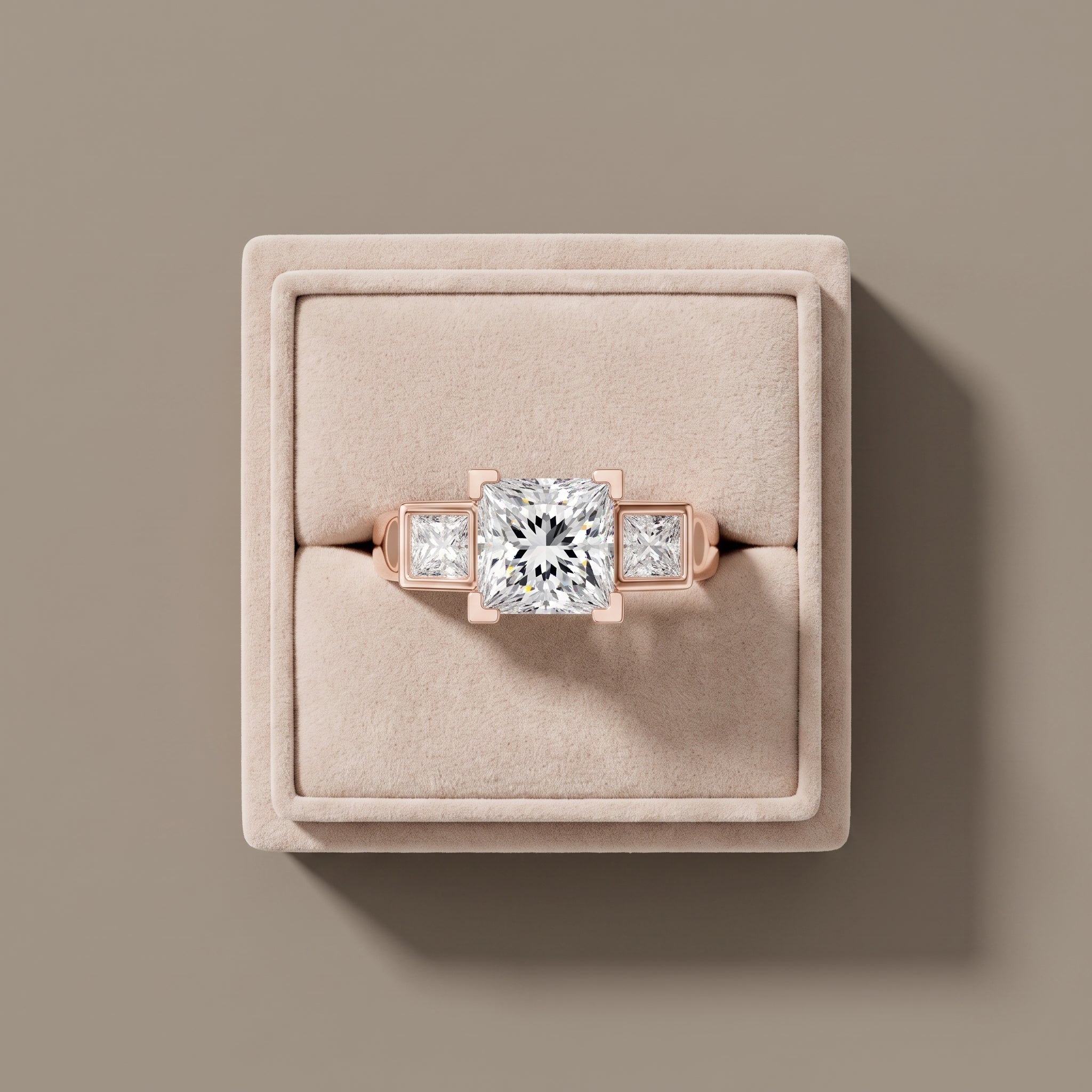 Rose Gold Princess Cut Moissanite Three-Stone Ring