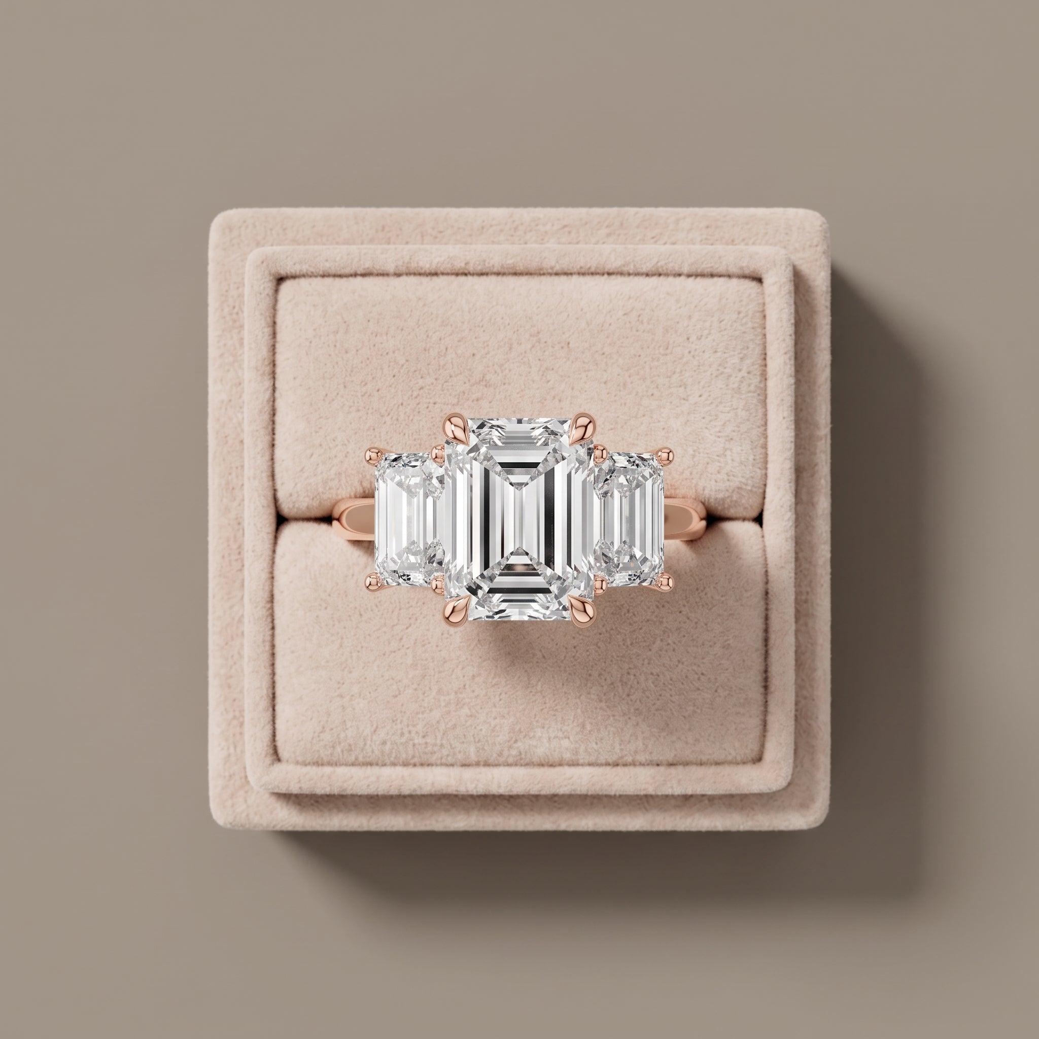 Rose Gold Emerald Cut Moissanite Three Stone Engagement Ring