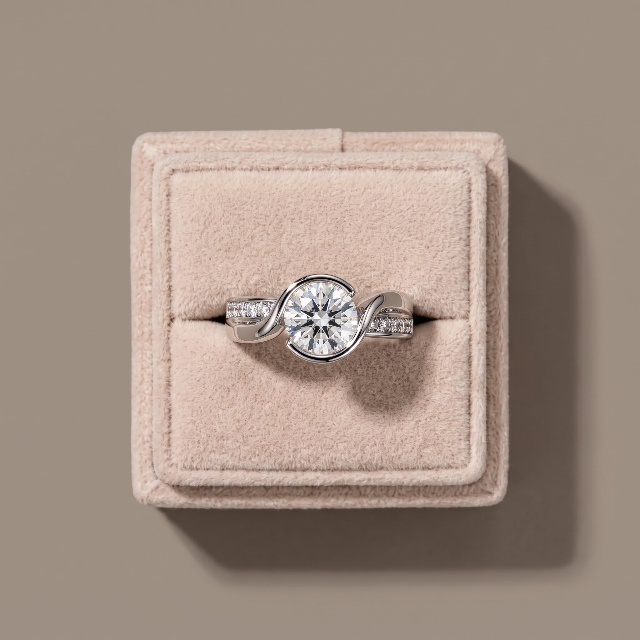 White Metal Round Moissanite Engagement Ring with Twisted Band
