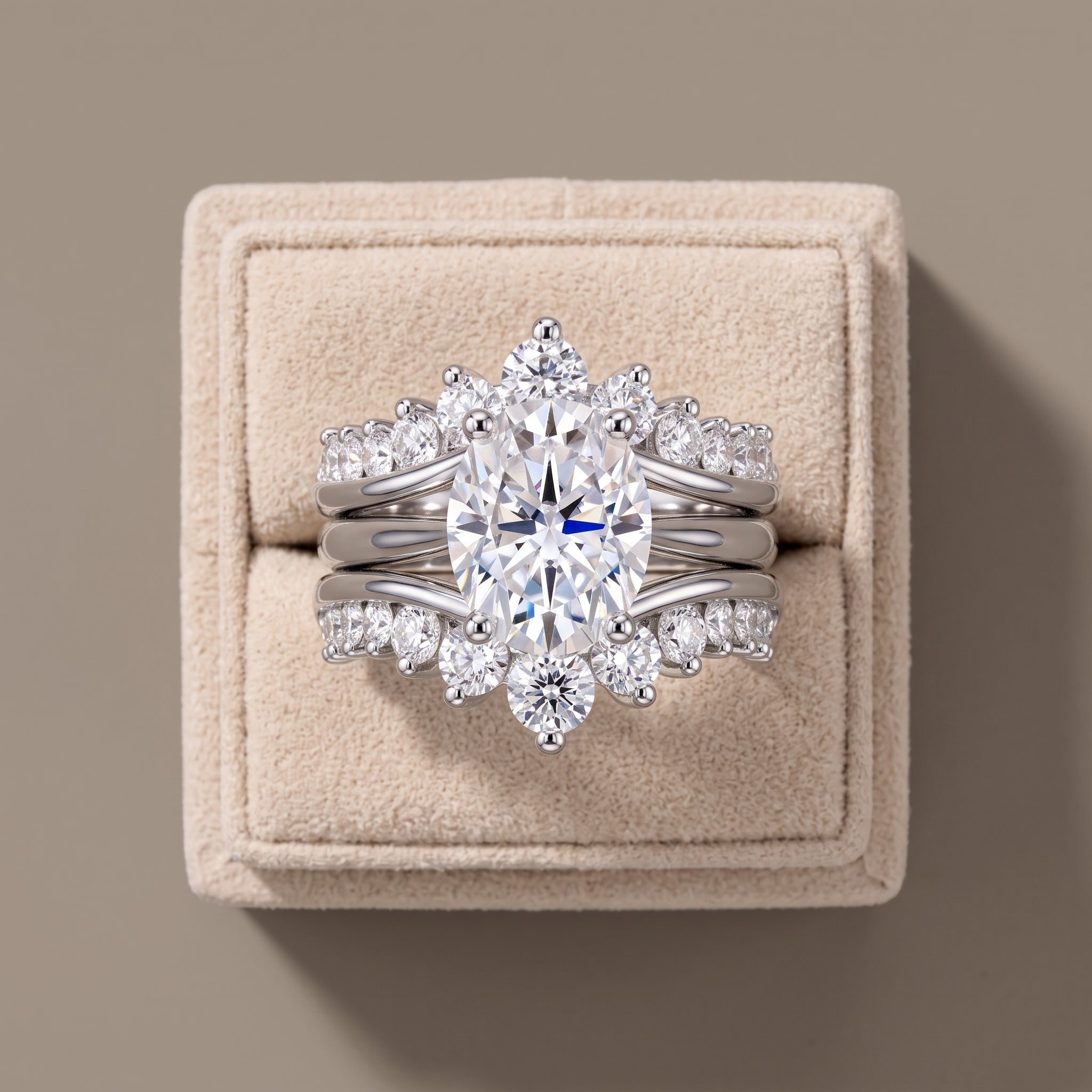 White Metal Oval Cut Moissanite Bridal Ring Set