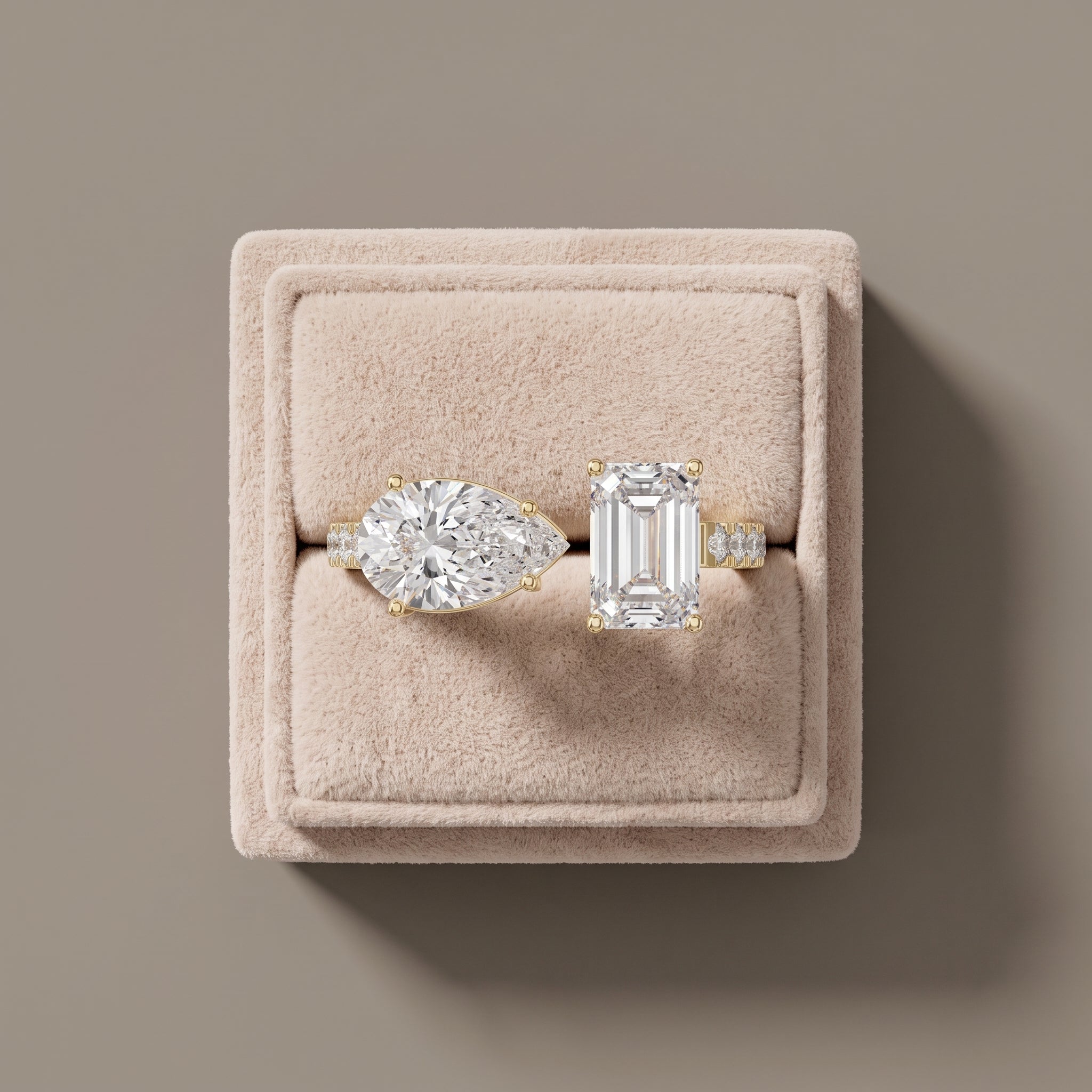 Yellow Gold Pear & Emerald Cut Moissanite Engagement Ring