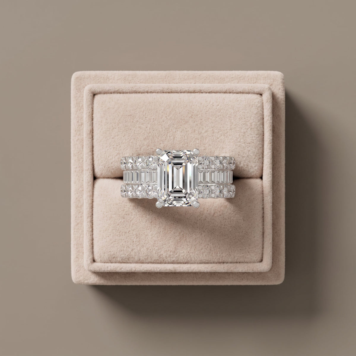 White Gold Emerald Cut Moissanite Engagement Ring Set