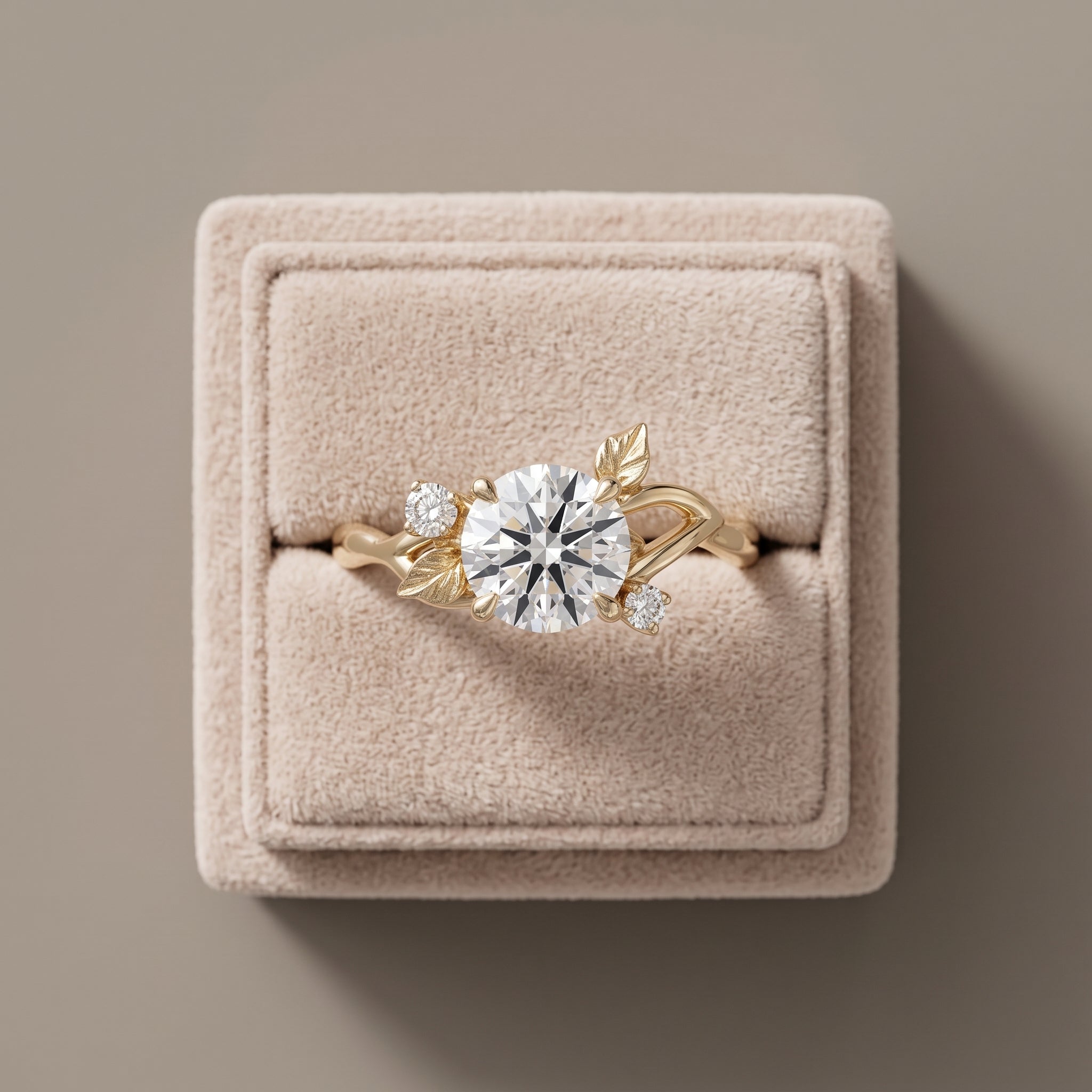 Yellow Gold Round Moissanite Leaf Engagement Ring