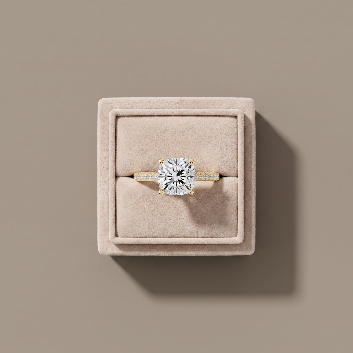 Yellow Gold Cushion Cut Moissanite Engagement Ring with Pavé Band