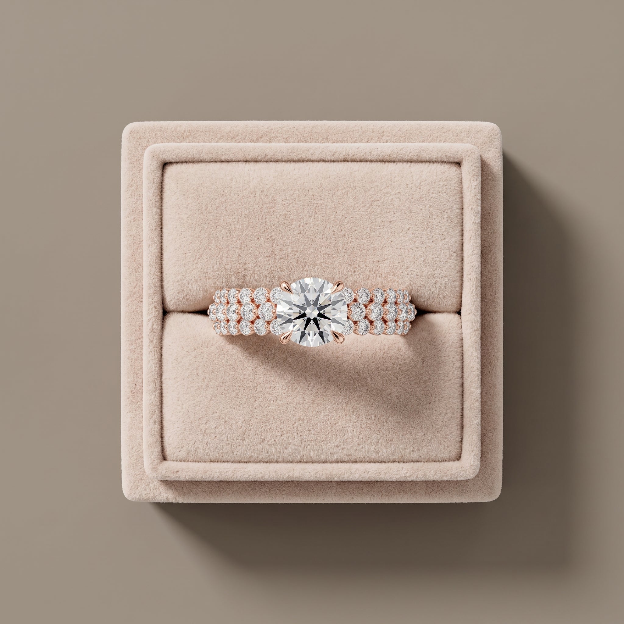 Rose Gold Round Moissanite Engagement Ring with Pavé Band