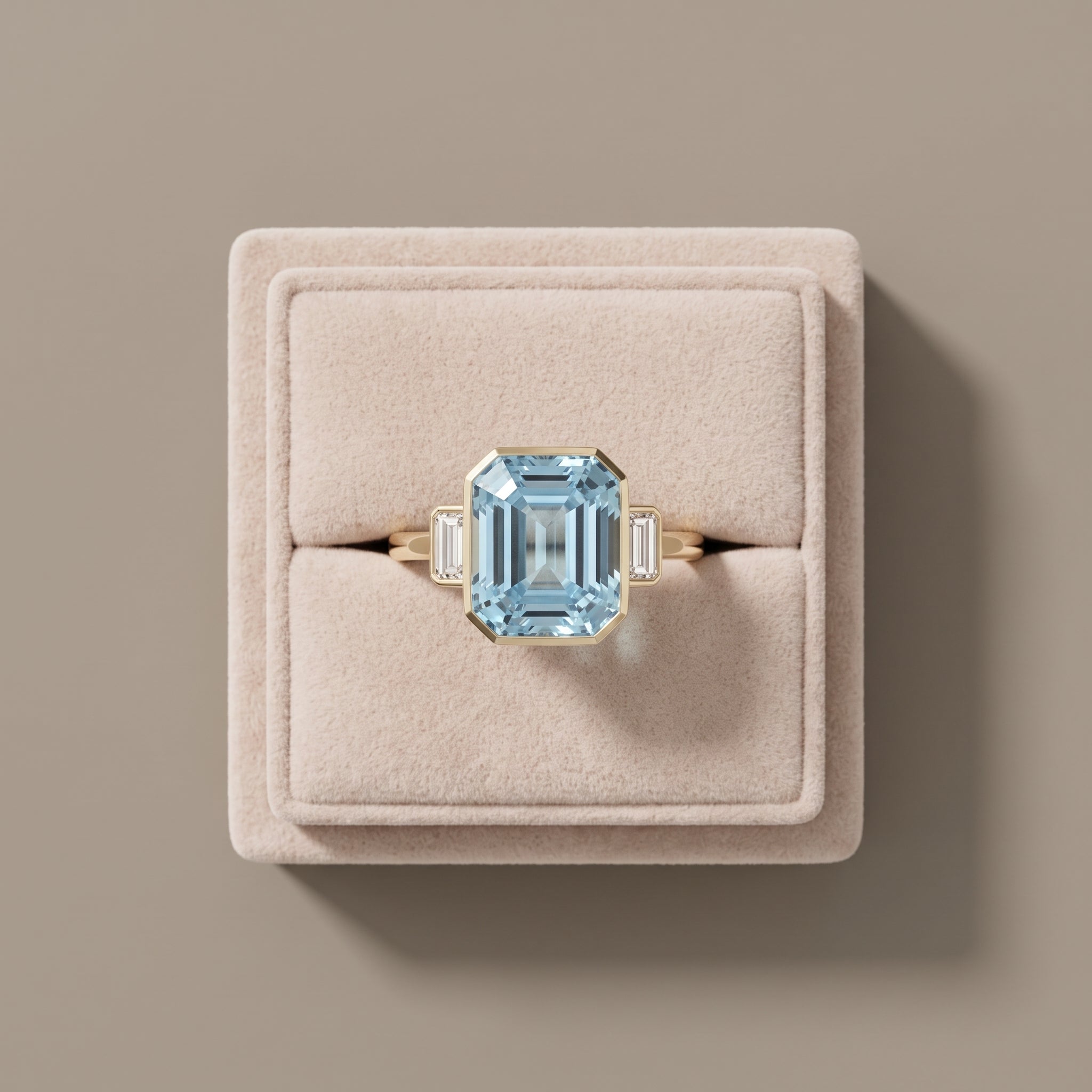 Yellow Gold Emerald Cut Blue Moissanite Three-Stone Ring