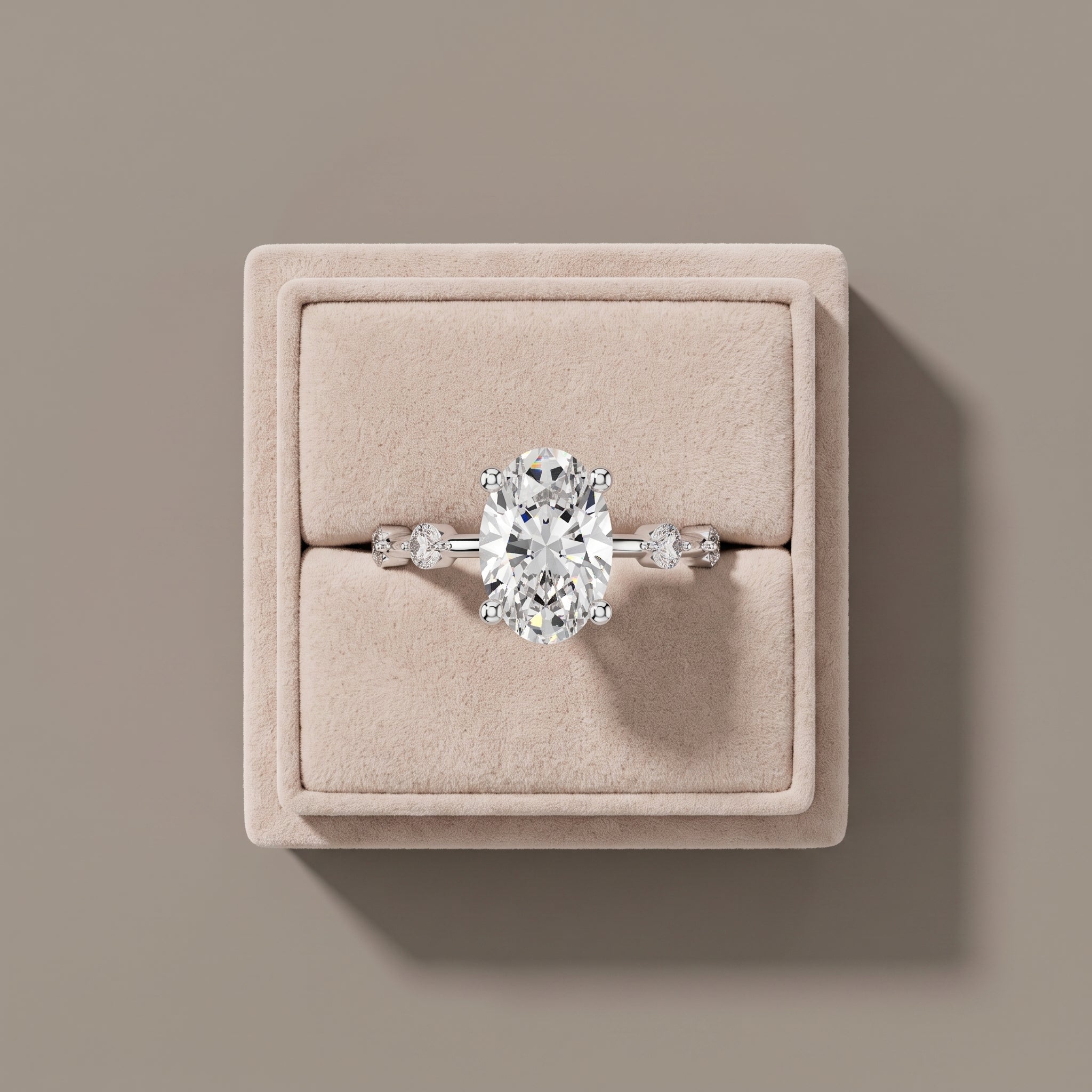 White Metal Oval Cut Moissanite Engagement Ring with Accent Stones