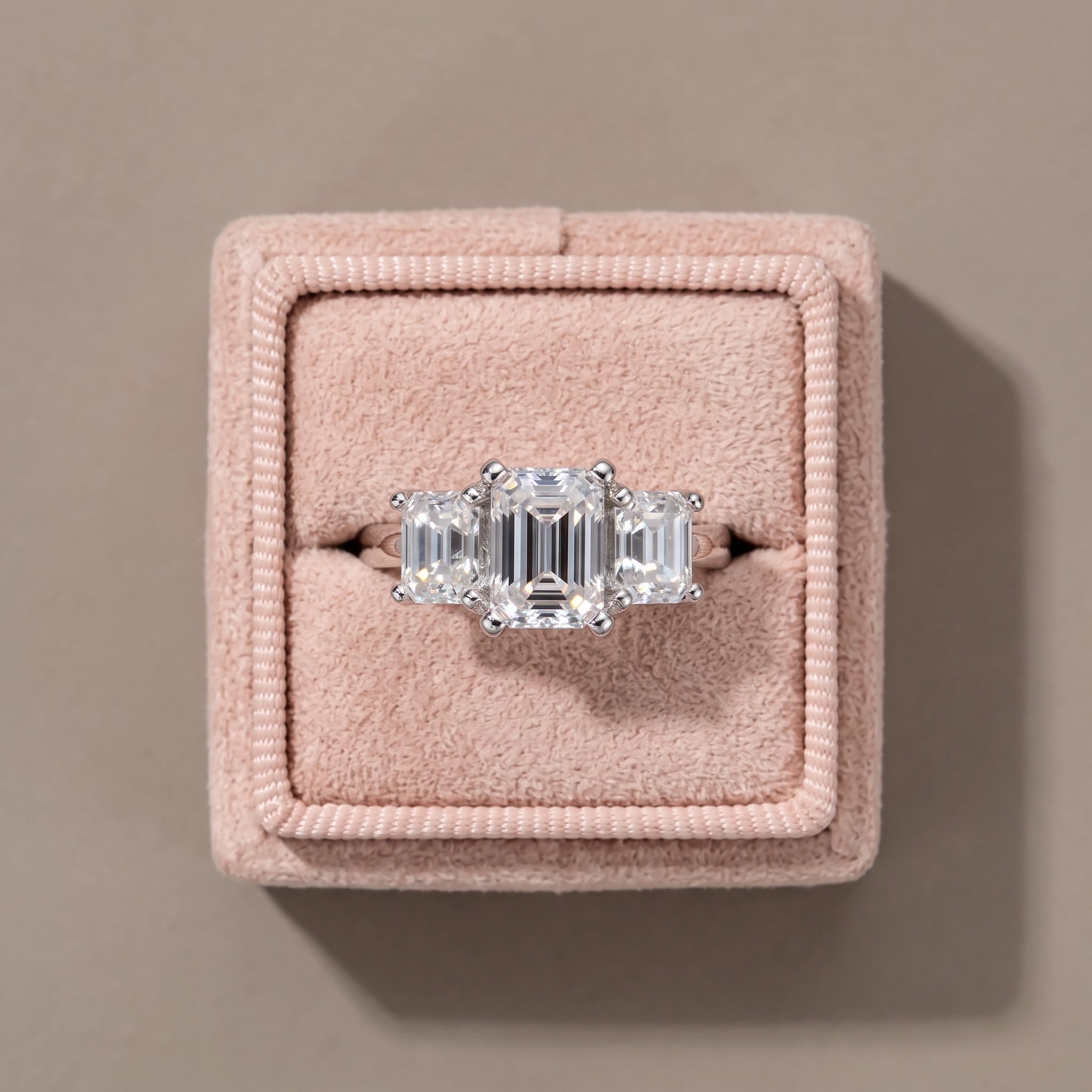 White Emerald Cut Moissanite Three-Stone Engagement Ring