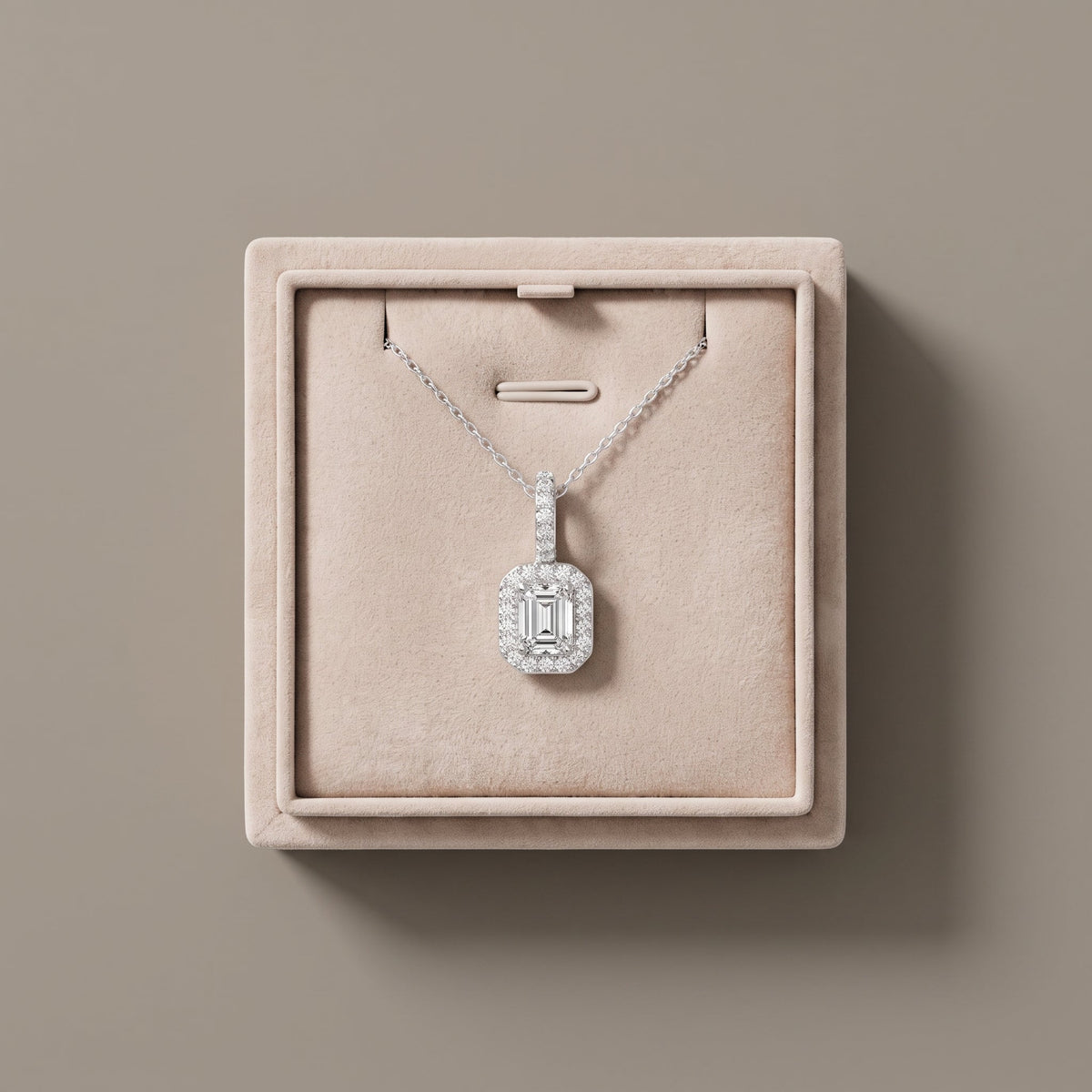 White Gold Emerald Cut Moissanite Halo Pendant Necklace