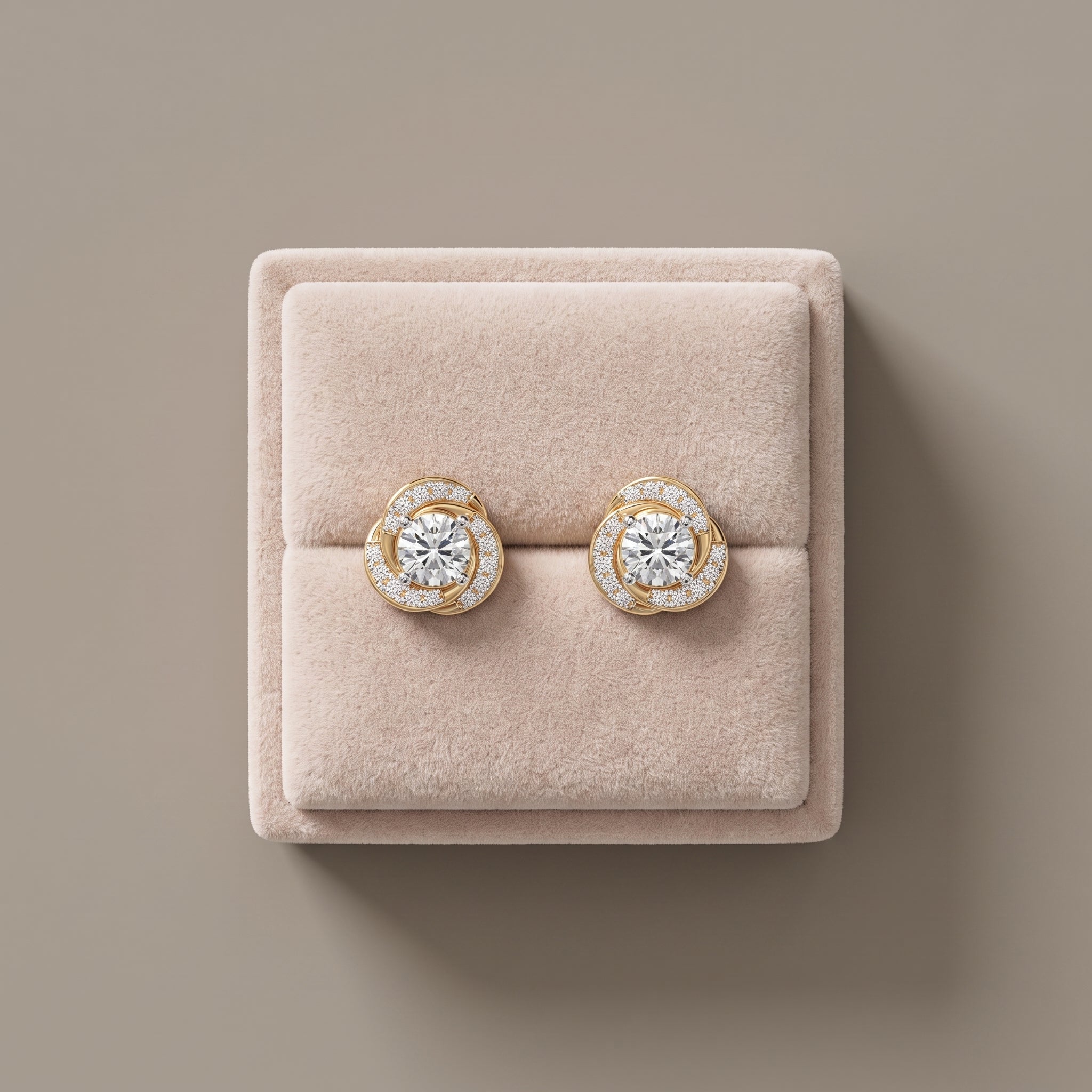 Yellow Gold Round Moissanite Stud Earrings with Swirl Halo Design