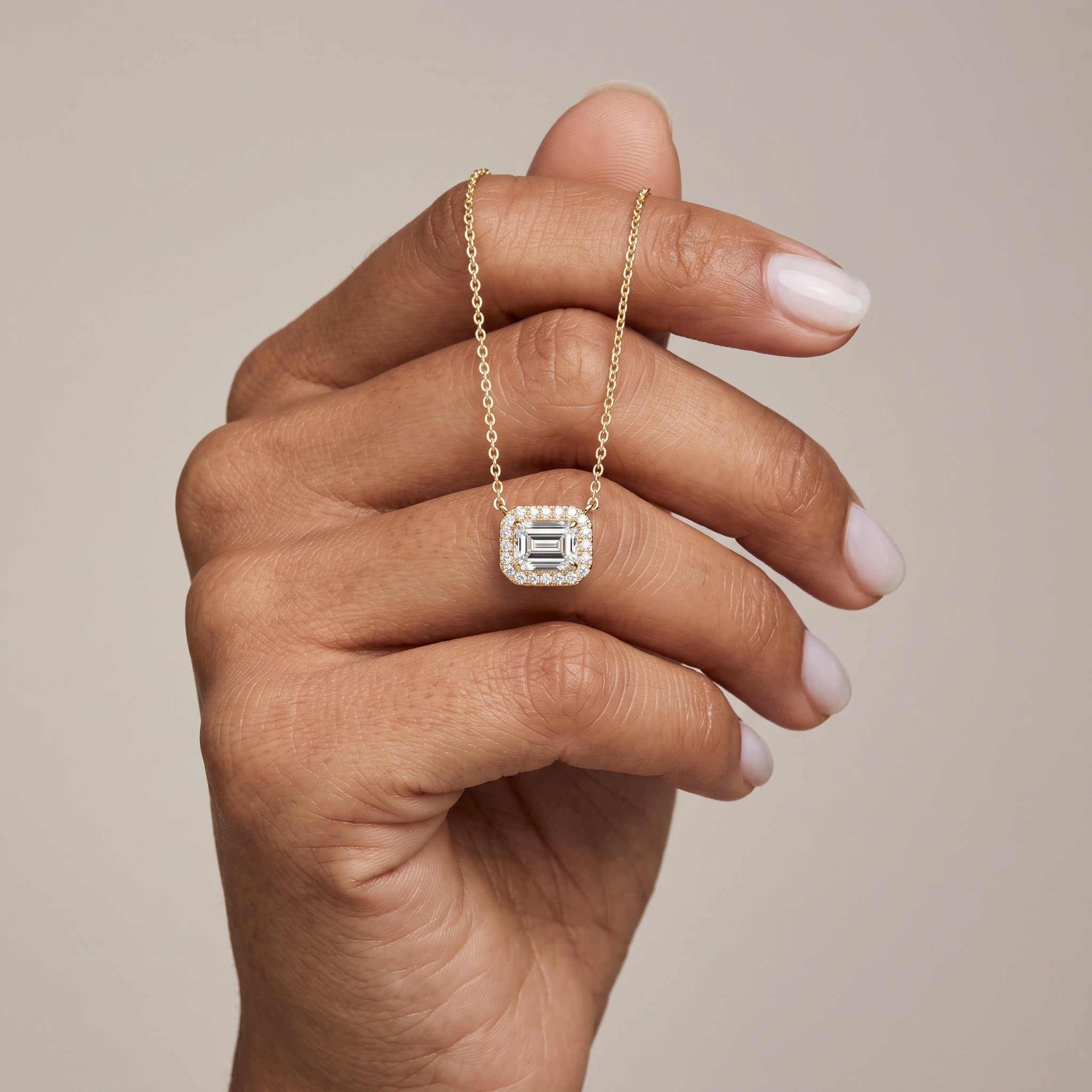 Yellow Gold Emerald Cut Moissanite Halo Pendant Necklace