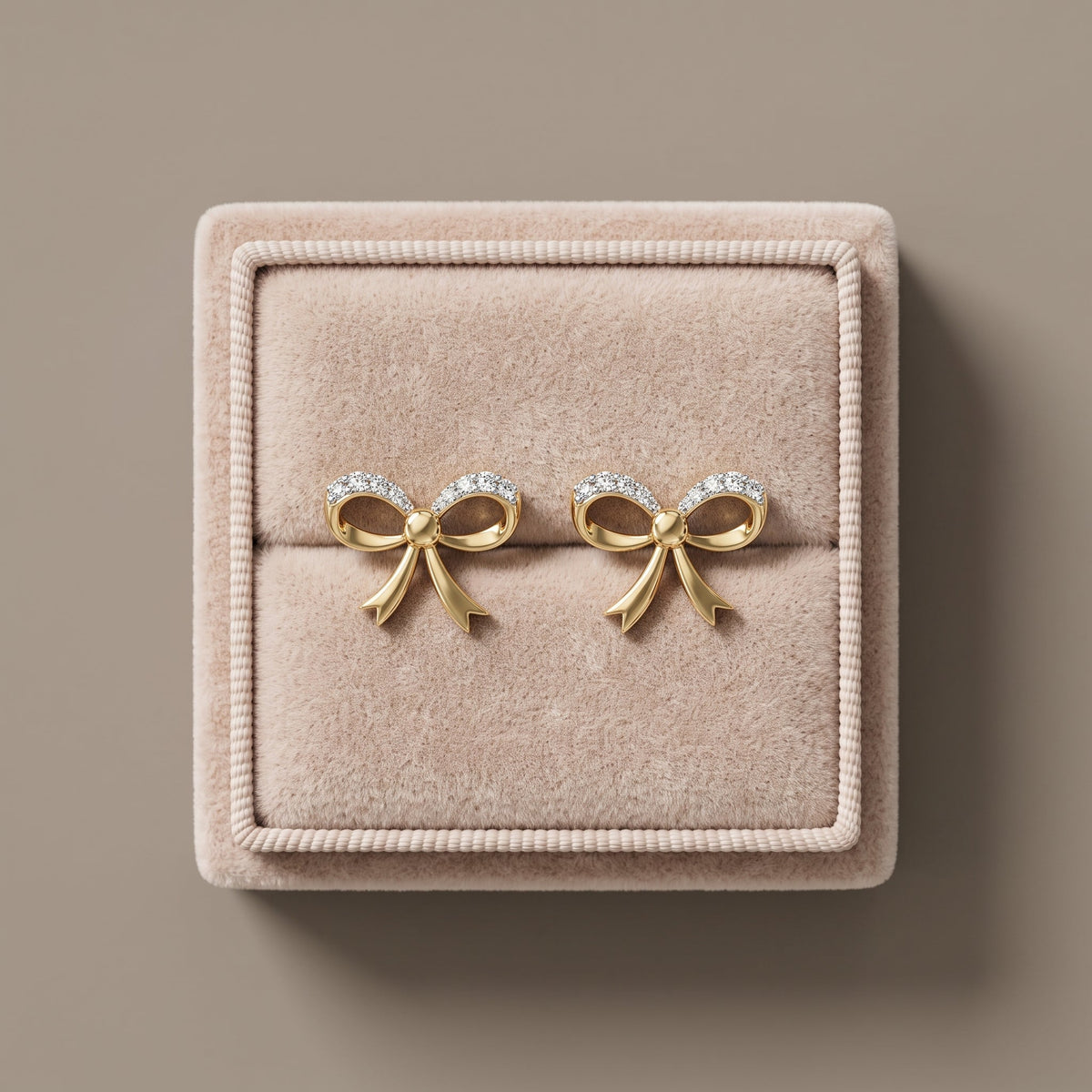 Yellow Gold Round Moissanite Bow Stud Earrings