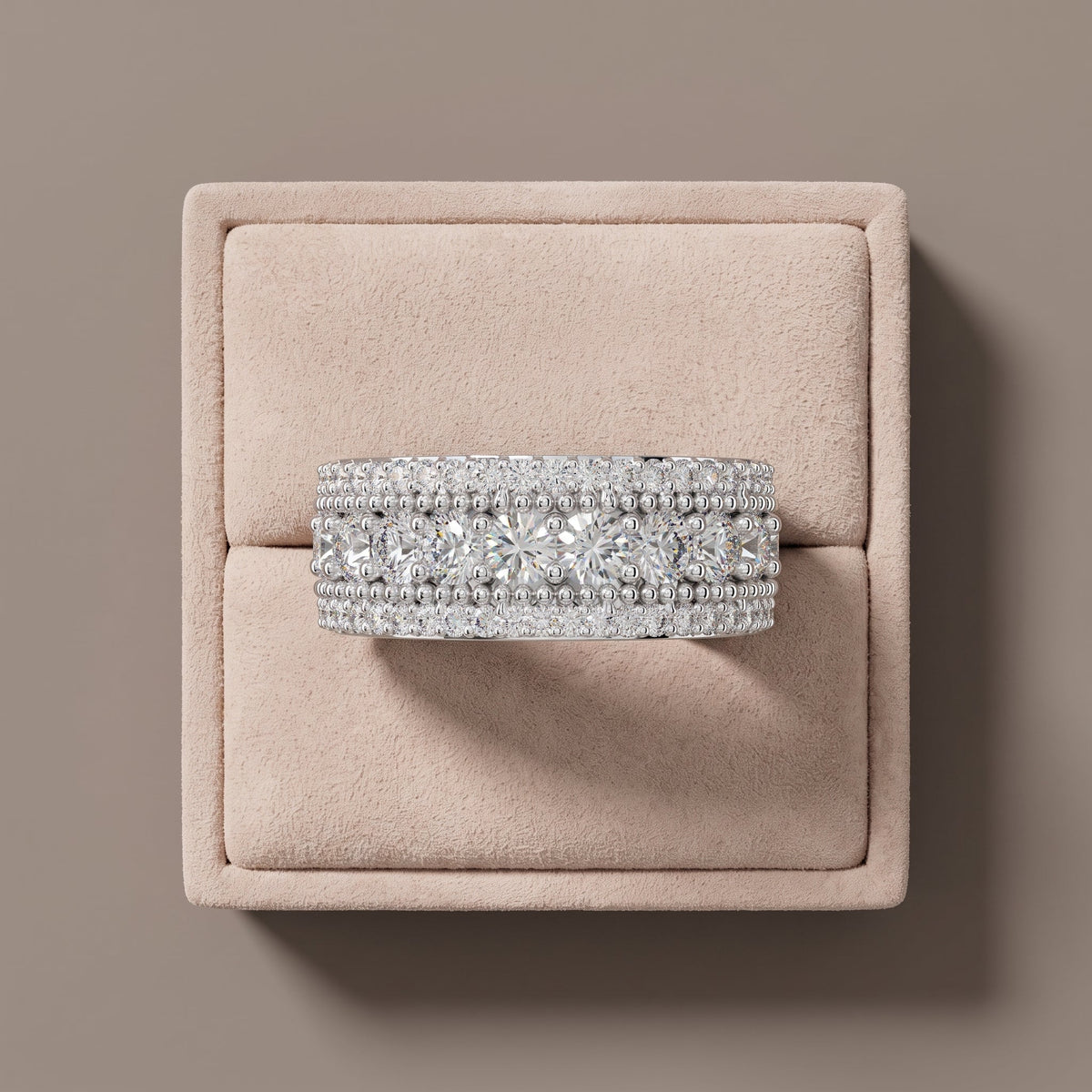 White Metal Round Moissanite Wide Band Ring