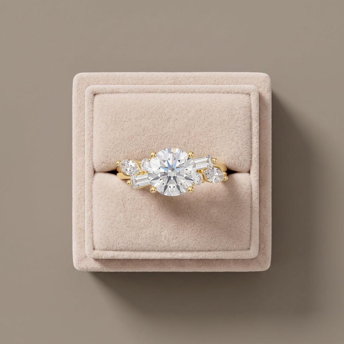 Yellow Gold Round Moissanite Engagement Ring with Mixed Side Stones