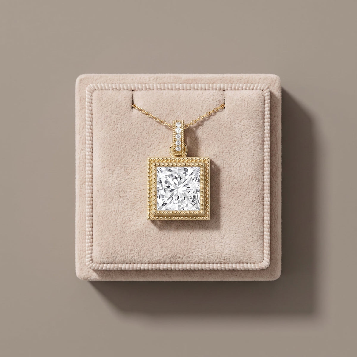 Yellow Gold Princess Cut Moissanite Square Pendant Necklace