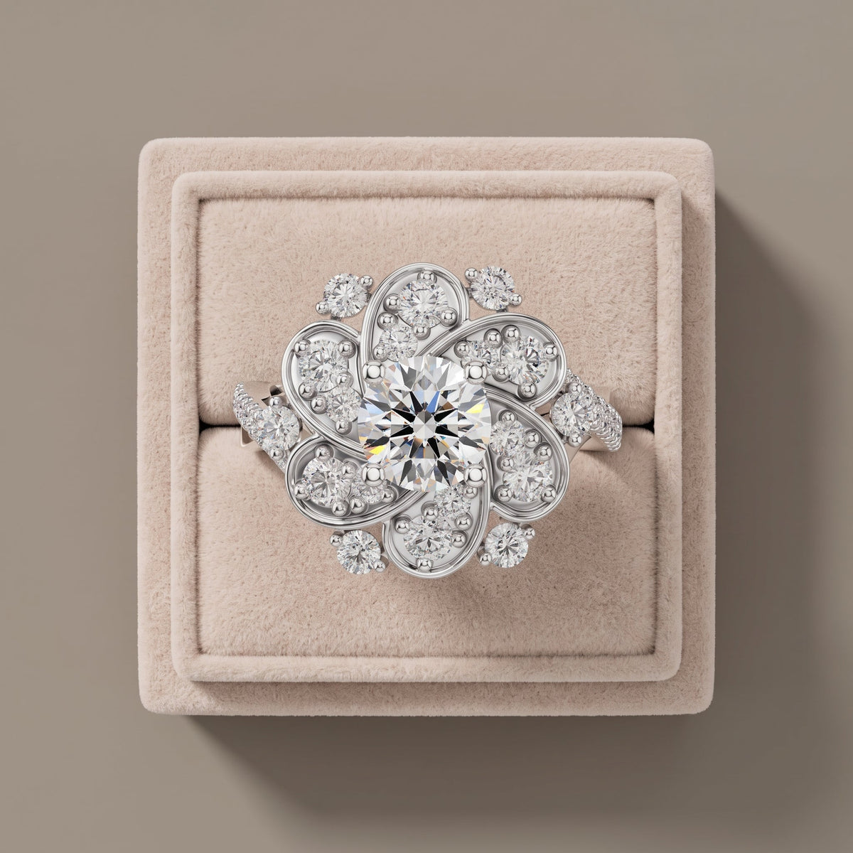 White Gold Round Moissanite Floral Halo Engagement Ring