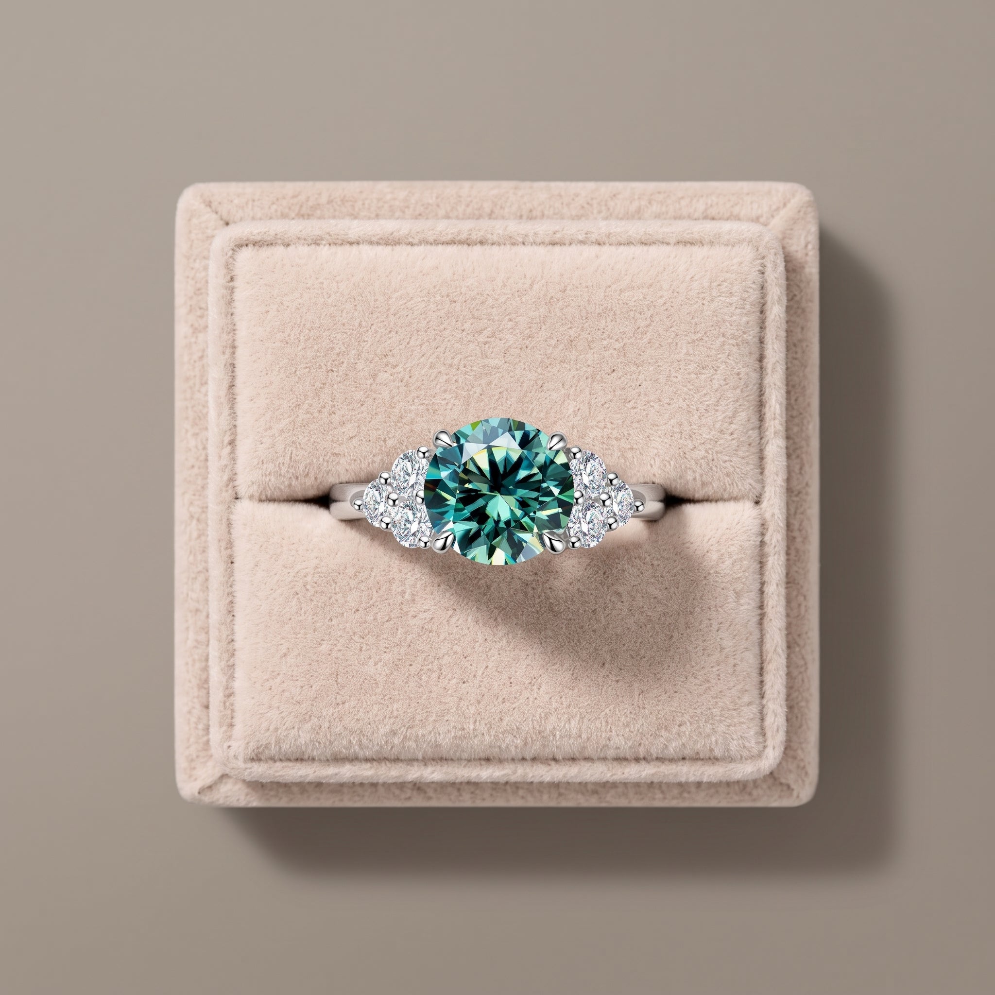 White Metal Round Moissanite Cluster Engagement Ring