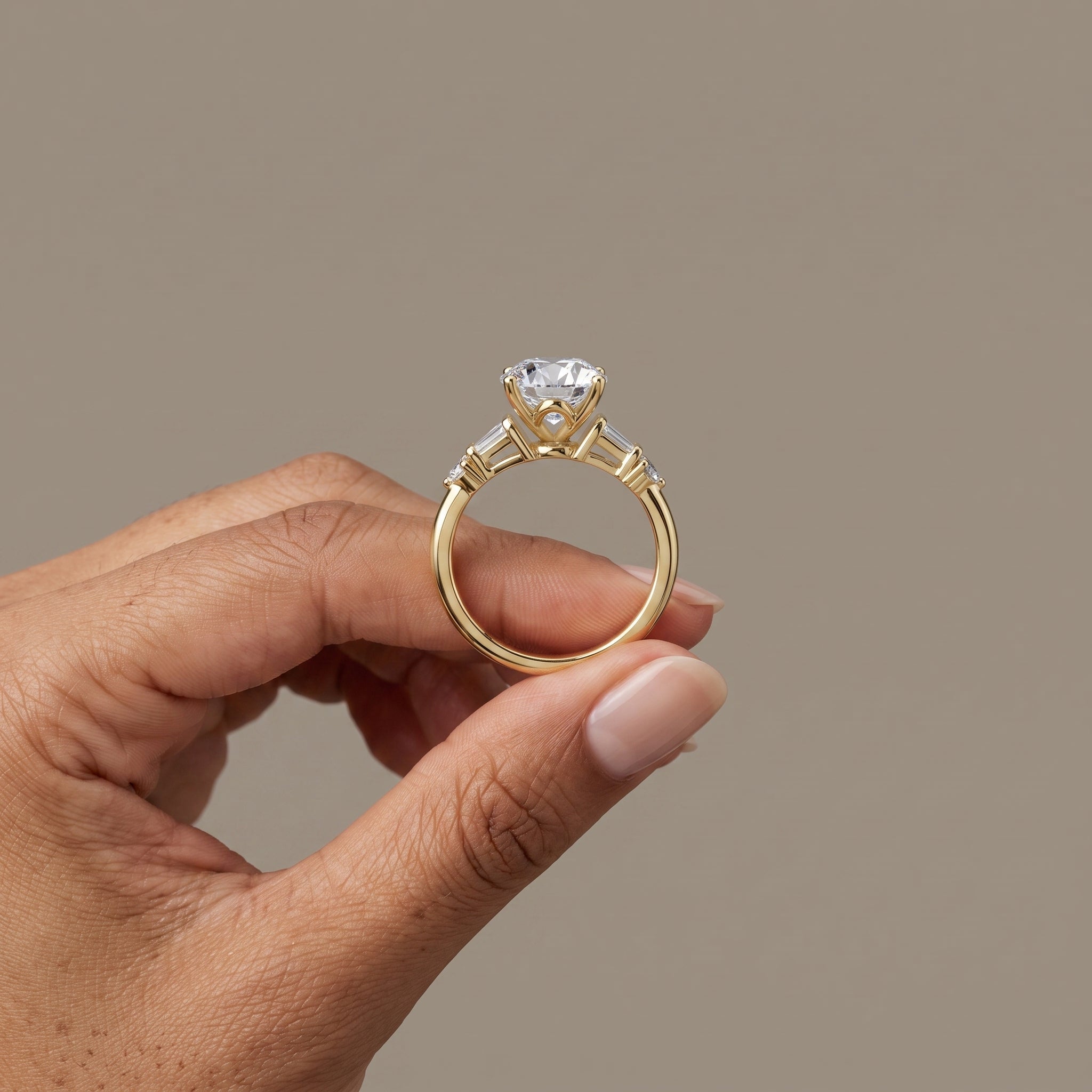Yellow Gold Round Cut Moissanite Engagement Ring with Side Stones