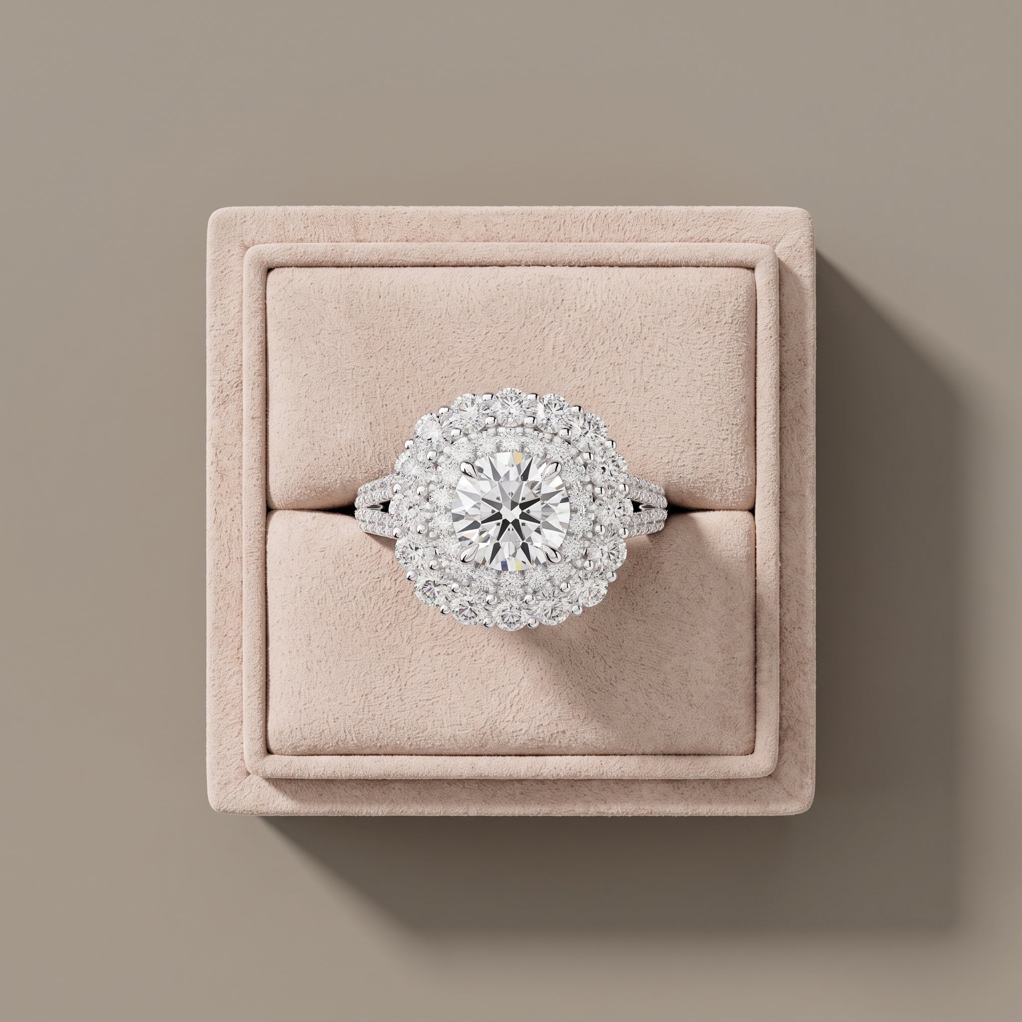 White Round Moissanite Double Halo Engagement Ring