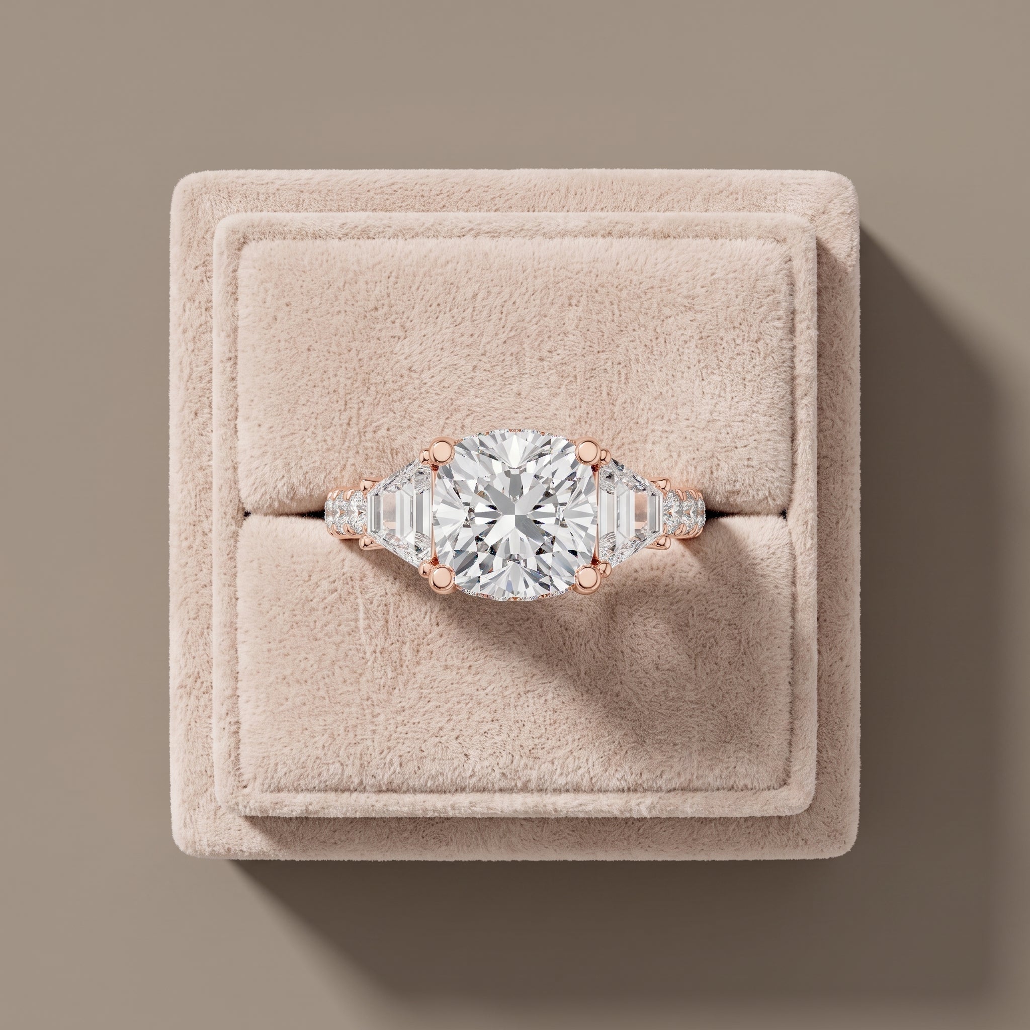 Rose Gold Cushion Moissanite Engagement Ring with Tapered Side Stones