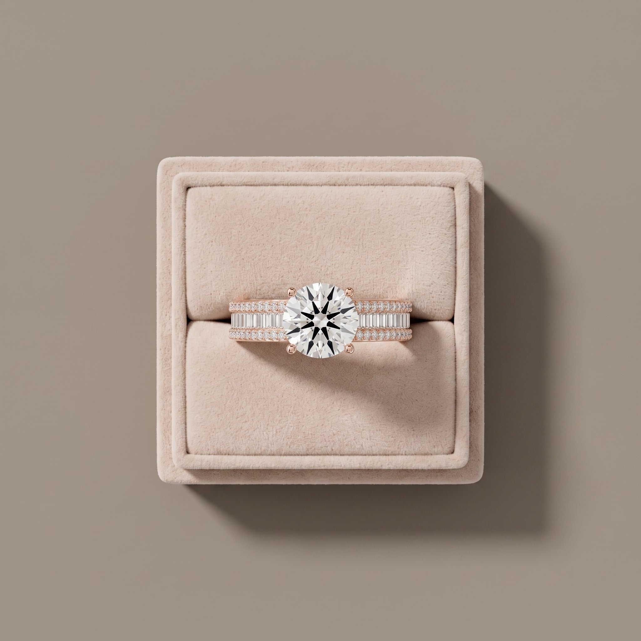 Rose Gold Round Moissanite Engagement Ring with Baguette Accent Band