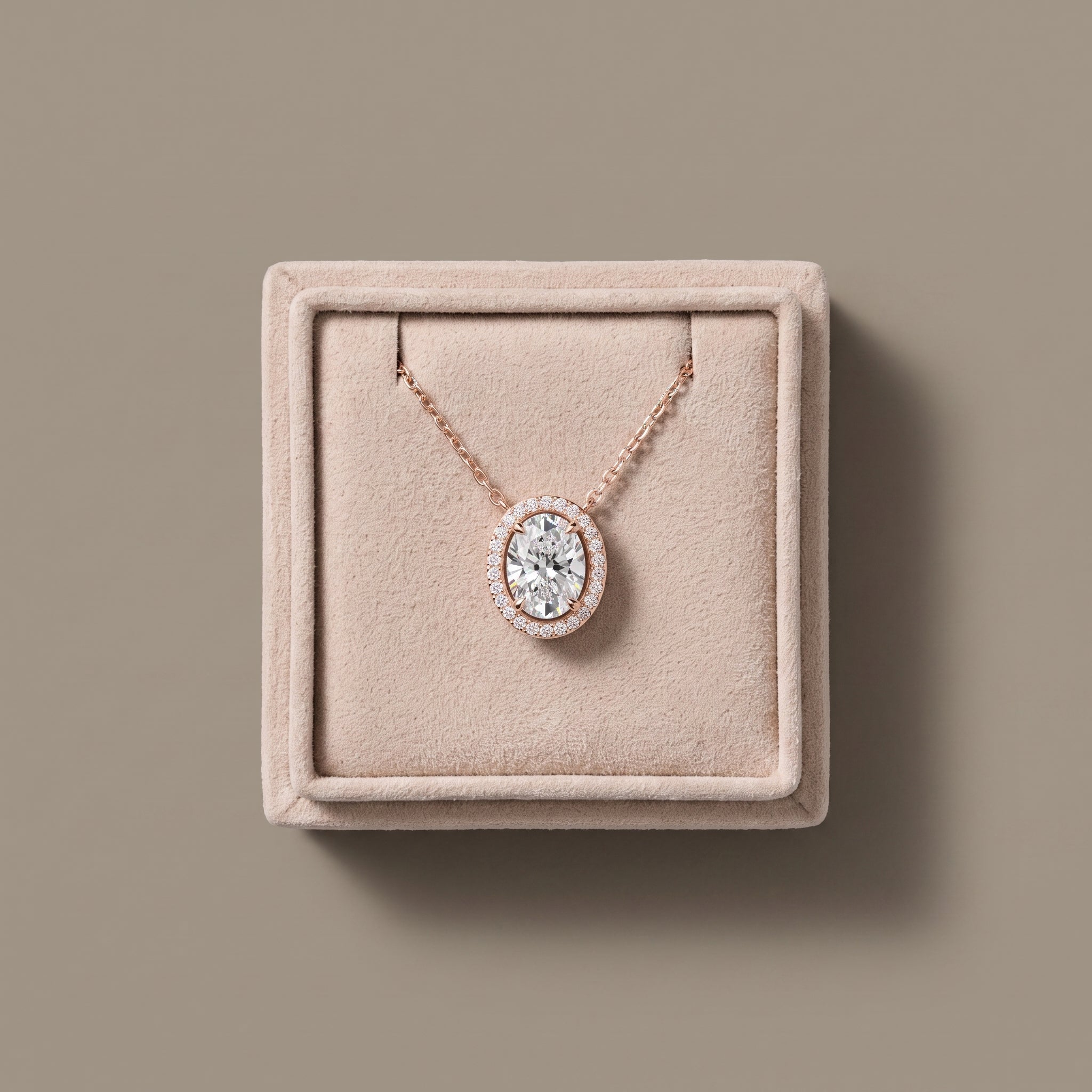 Rose Gold Oval Moissanite Halo Pendant Necklace